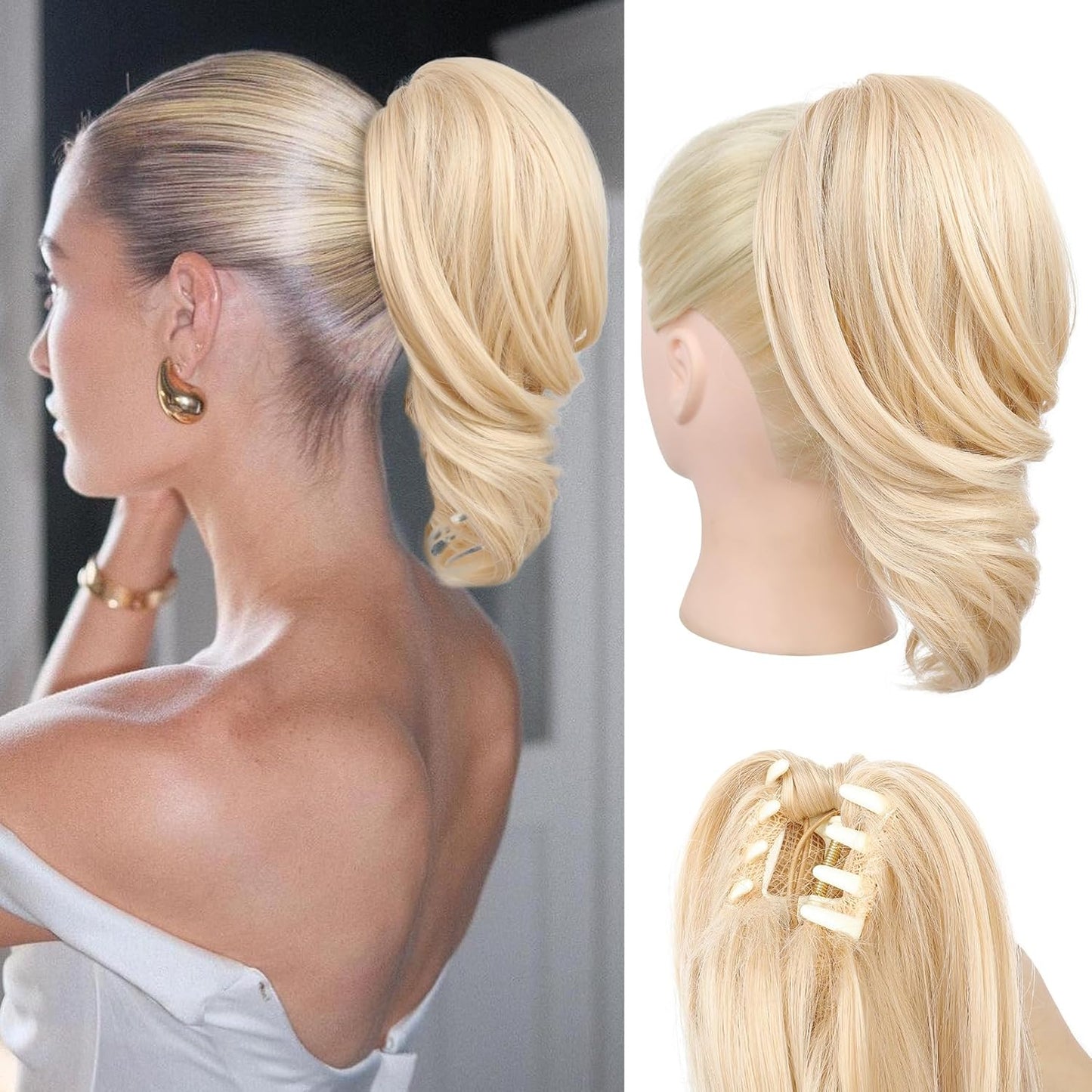 Ponytail Extension - 12" Claw Clip In Natural Wave Hair Piece for Women | Light Blonde