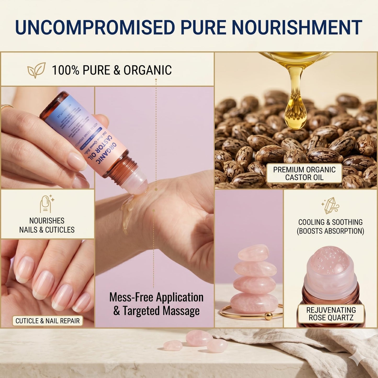 GOWEGO Organic Castor Oil Roll On with Rose Quartz Roller, Castor Oil Rose Quartz Roller Ball for Face and Body, Hair, Eyebrows, Moisturize Skin (1.7 FL.OZ)