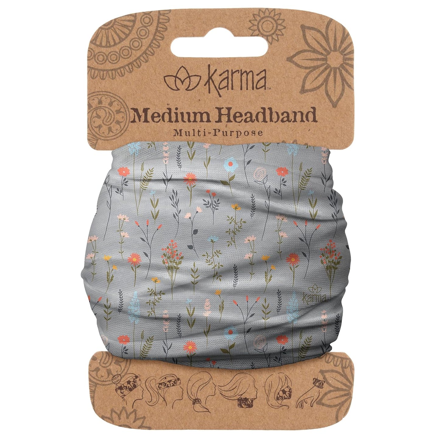 Floral Headband for Women | Stretchy Fabric Hair Scarf - Light Tan & Blue - Medium Size