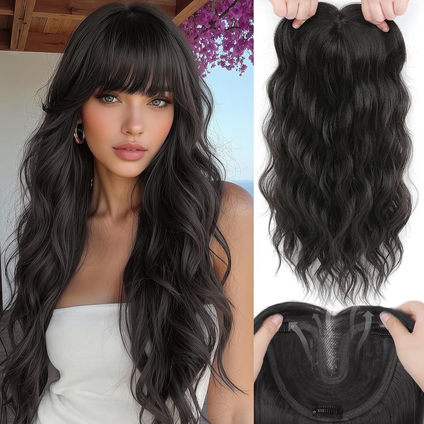 16 Inch Hair Topper for Thinning Hair - Synthetic Curly Clip-In with Wispy Bangs | Lightweight Black Crown Coverage