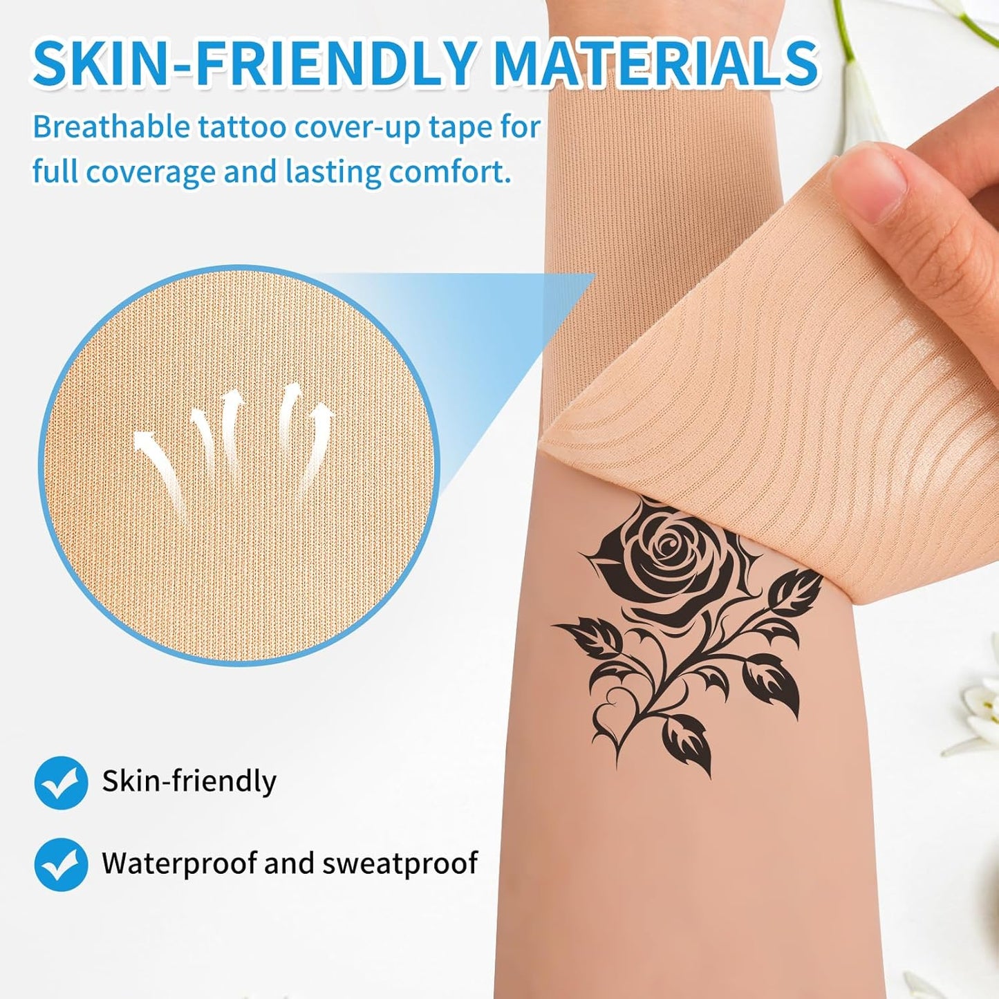 Waterproof Tattoo Cover Up Tape - Sweat-Resistant Light Tan Skin Tone | 4"x16.4ft Cuttable Patches for Tattoos, Scars & Birthmarks