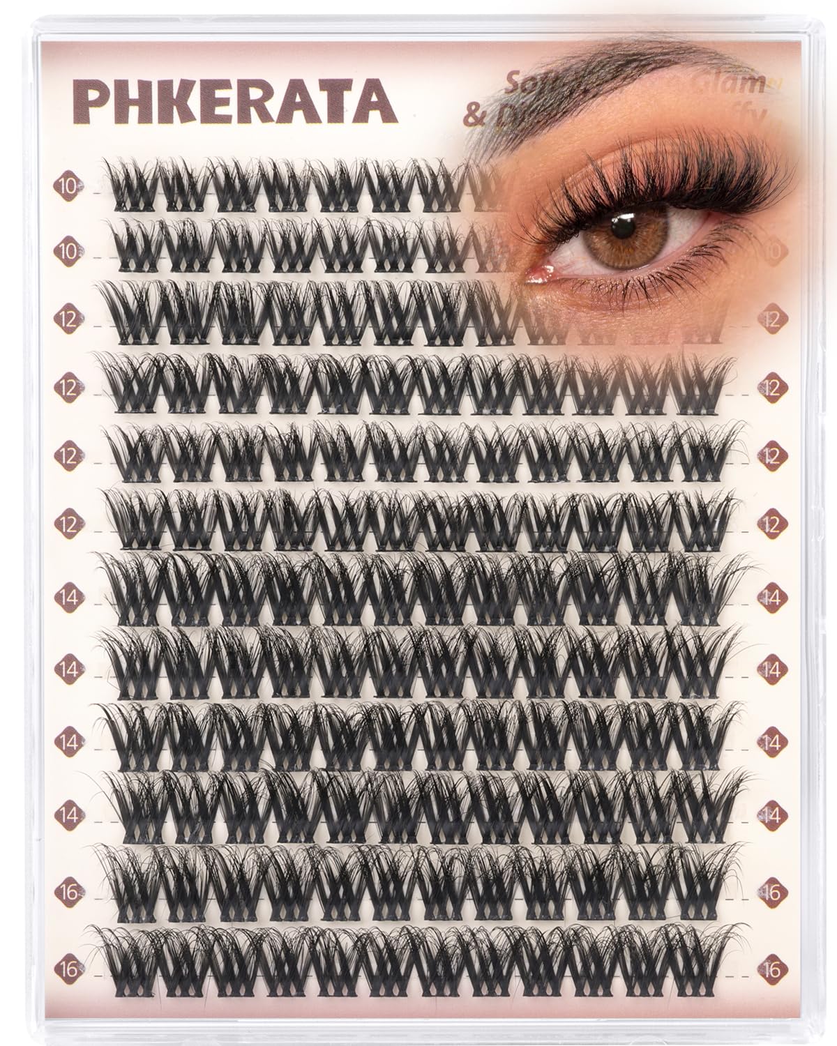PHKERATA Fluffy Lash Clusters Wispy Eyelash Clusters, D Curl Cluster Eyelash Extensions, Light Volume Individual Lashes Cluster with Soft Thin Band, 10-16mm, 144Pcs