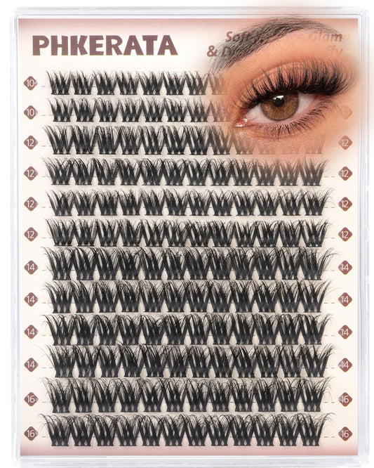 PHKERATA Fluffy Lash Clusters Wispy Eyelash Clusters, D Curl Cluster Eyelash Extensions, Light Volume Individual Lashes Cluster with Soft Thin Band, 10-16mm, 144Pcs