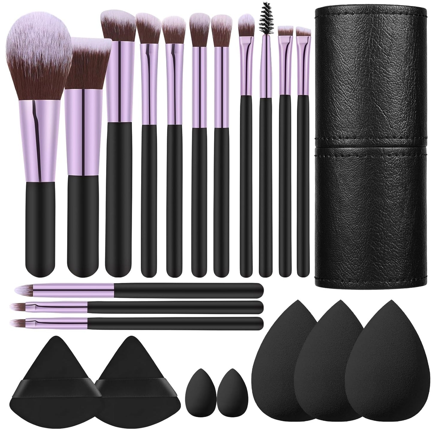Travel Makeup Brush Set - 14 Pcs Portable Mini Brushes with Case | Includes 5 Pcs Makeup Sponges for Foundation & Eye Shadows - Black