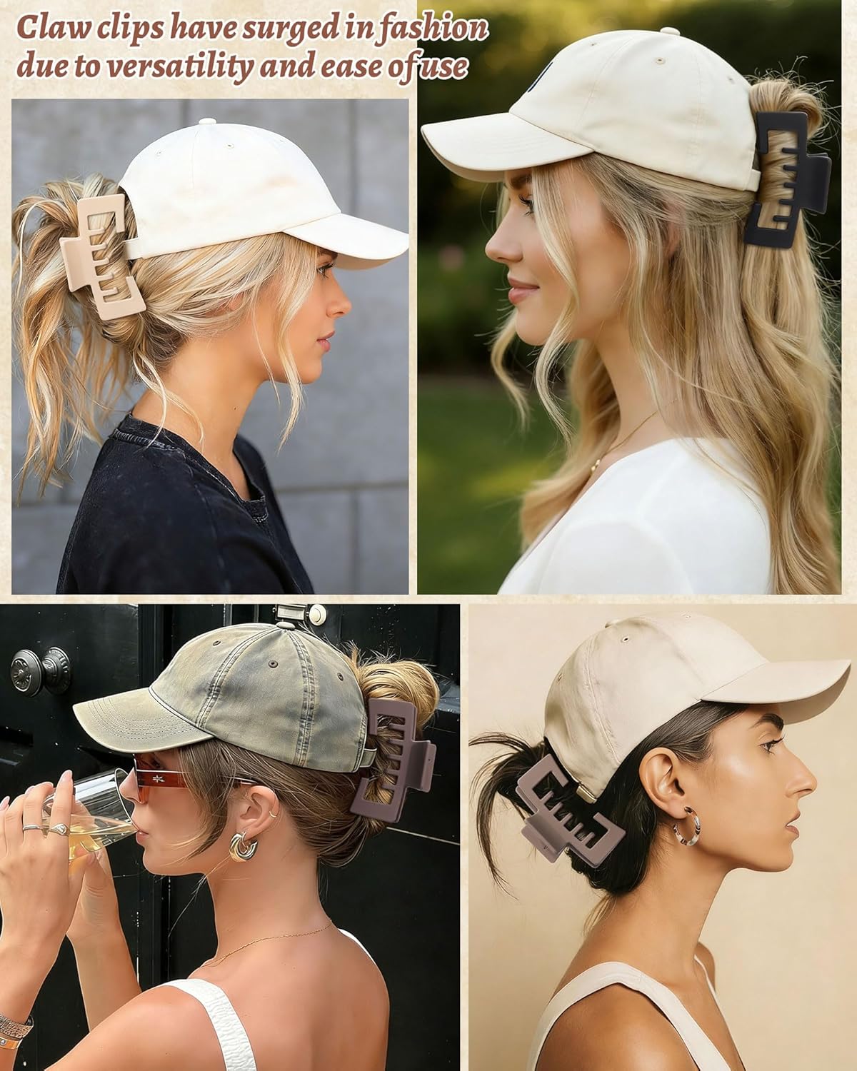 Hat-Friendly Claw Clips for Baseball Caps - 4 Pcs Hair Accessories for Thick Hair | Stylish Trucker Hat Clips