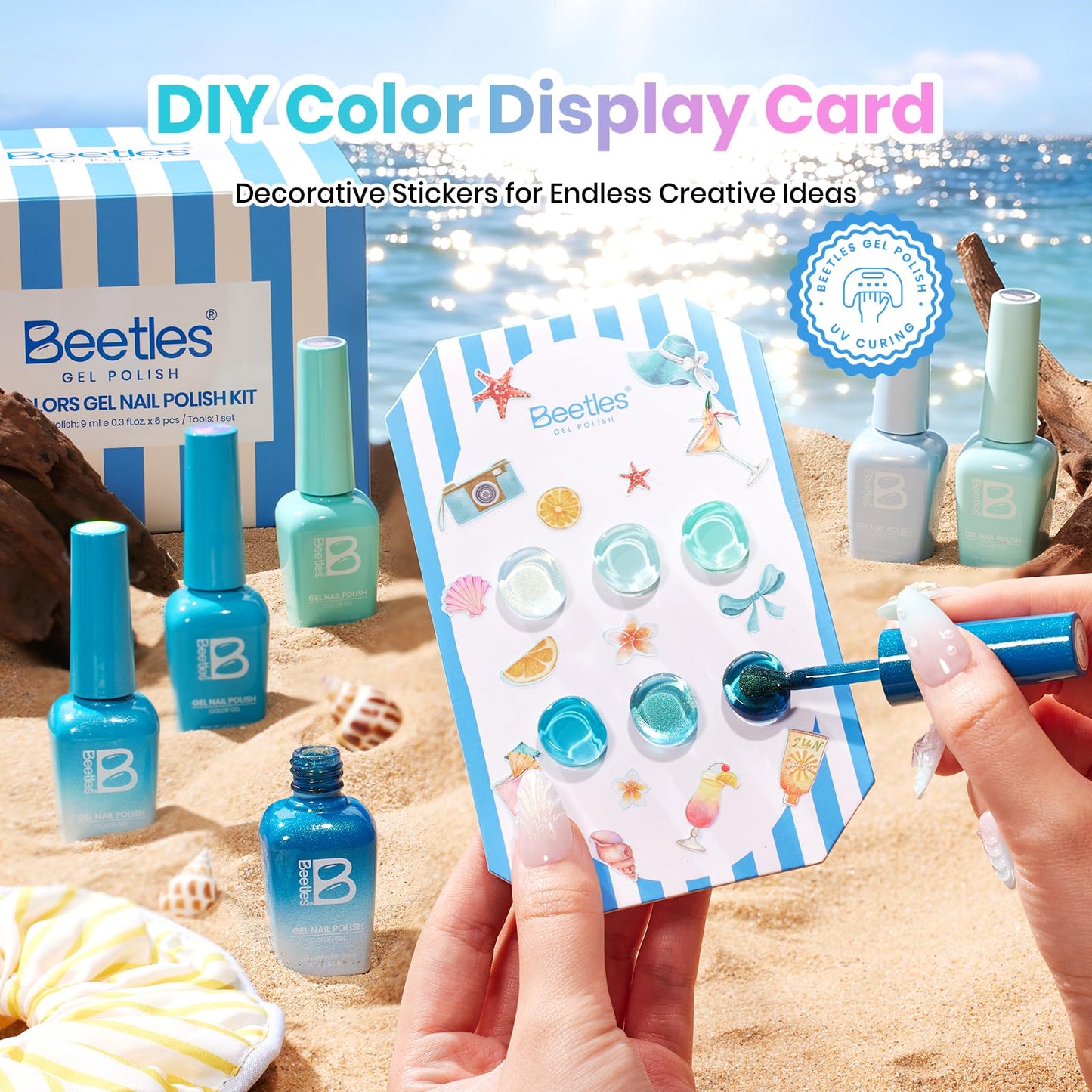 Beetles Blue Gel Nail Polish Set, Summer Voyage Shore Light Cat Eye Gel Polish 6 Colors Mint Green Lyons Nail Gel with Nail Art Stickers & Scrunchie, Soak Off Uv Manicure Kit Gift for Women