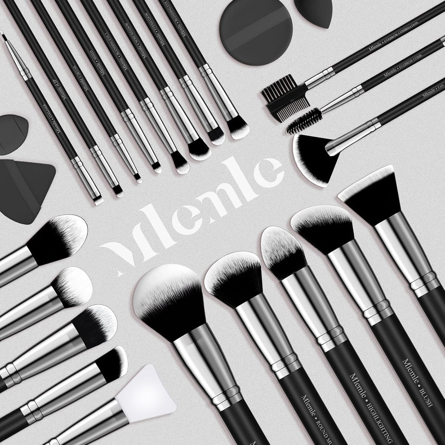 Professional Makeup Brushes Set - 25 Pcs Kit with Foundation, Blush, Eyeshadow Brushes & Sponges | Black