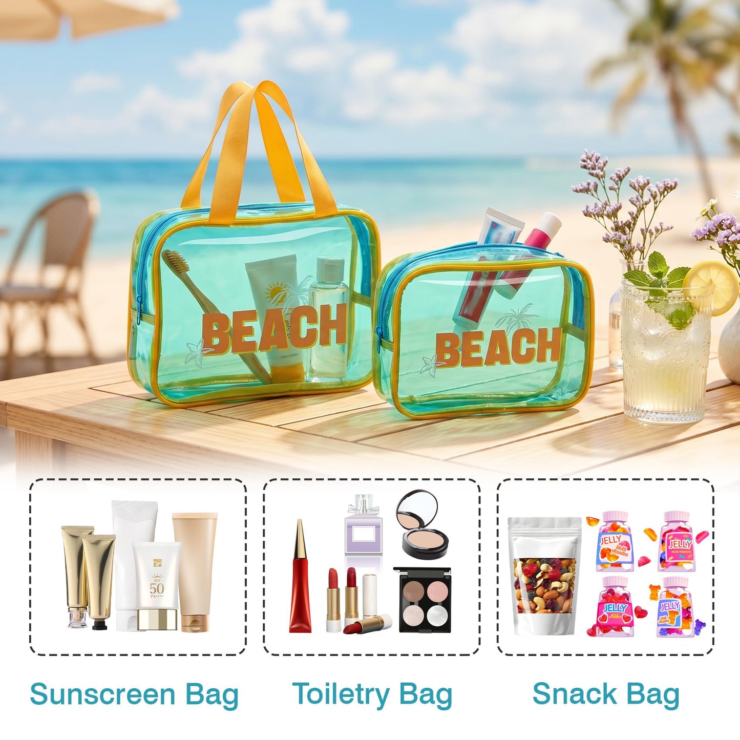 COSHAYSOO 2 Pcs Clear Sunscreen Bag with Letter, Waterproof PVC Beach Bag, Summer Beach Vacation Essential, Spf Pouch Accessories, Large Sun Screen Bag for Travel, Pool Gift for Women Teen Girls(Blue)