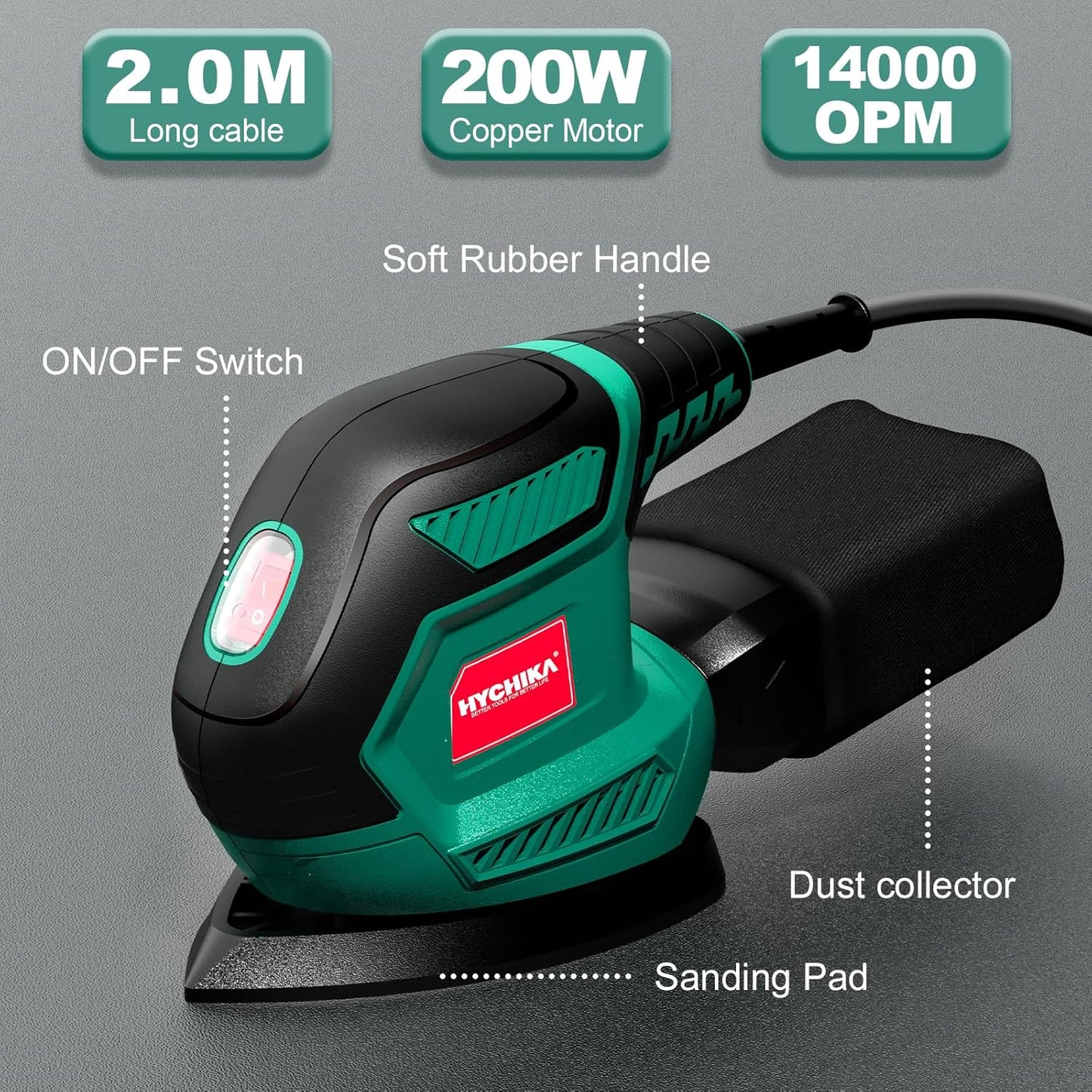 HYCHIKA Detail Sander - 14,000 OPM Compact Electric Tool for Tight Spaces | Includes 12 Sandpapers & Dust Collection System