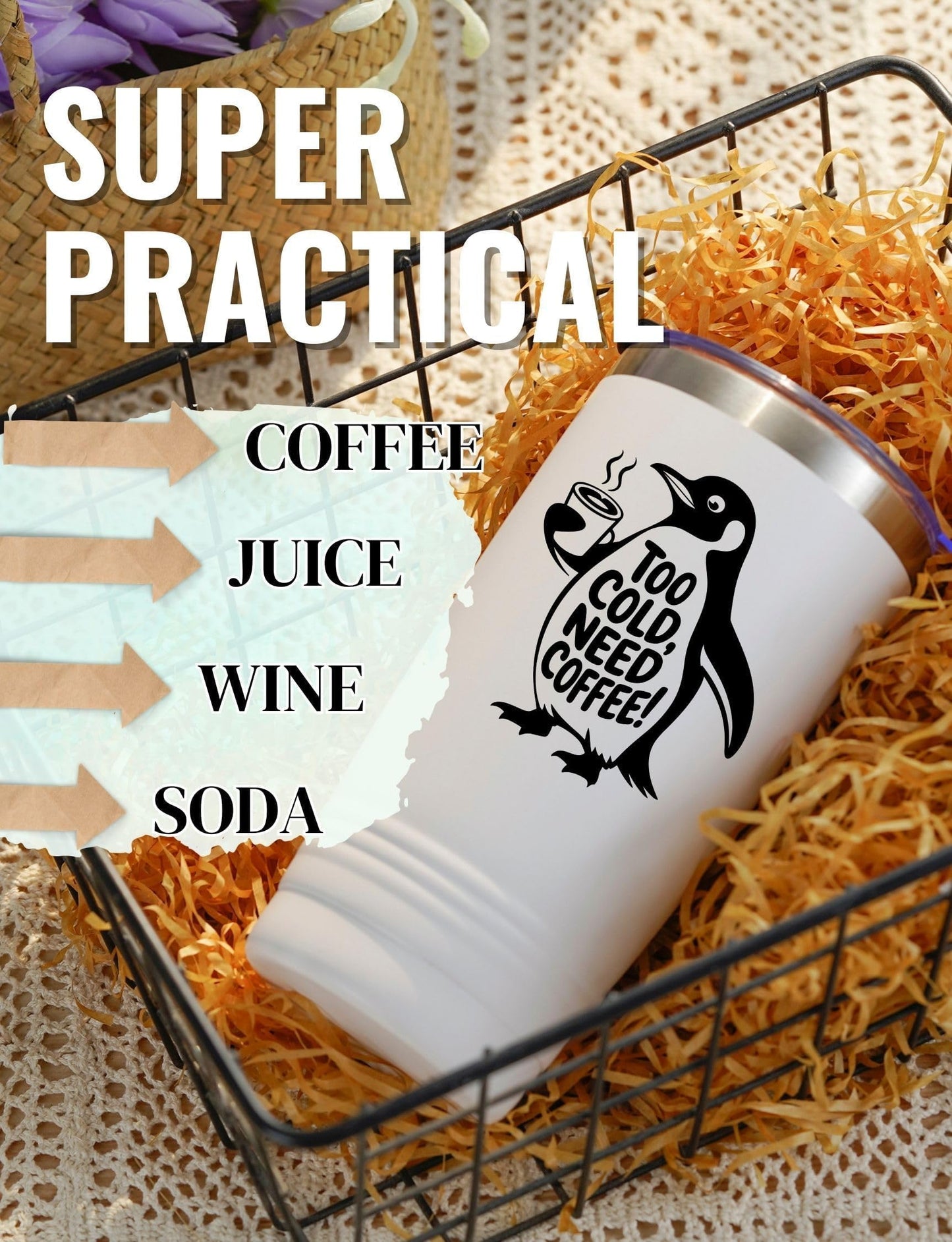 Onebttl Penguin Gifts for Men Women on Christmas, Birthday, 20oz Cute Insulated Stainless Steel Tumbler for Adults with Lid and Straw - Coffee