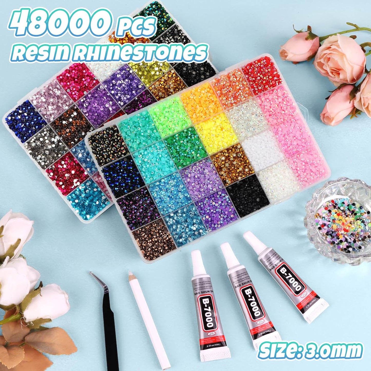 Resin Jelly Rhinestones Kit - 48000 Pcs 48 Colors Flatback Gems for Bedazzling | Includes B7000 Glue & Tools for DIY Crafting