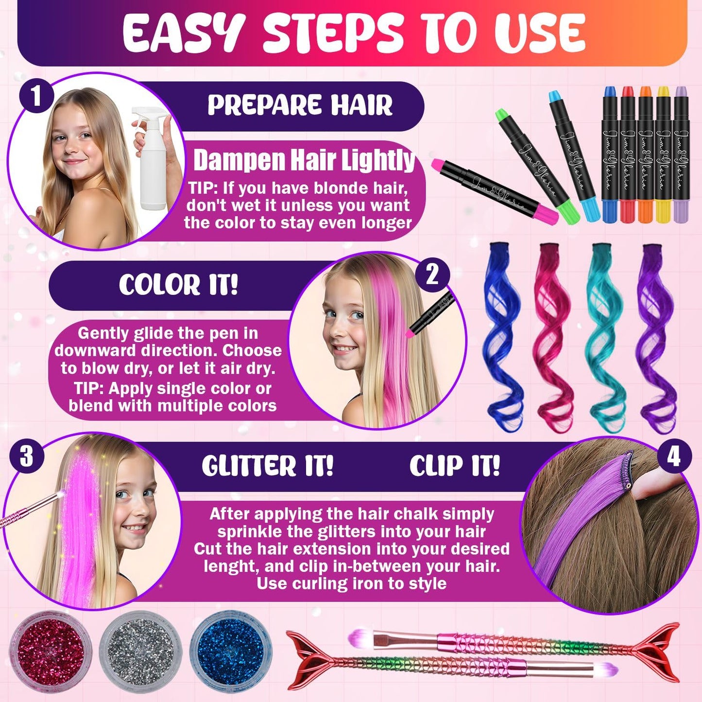 Dustless Hair Chalk for Girls - Washable Temporary Color Dye with Clip-In Extensions & Brushes | Perfect Gift for Teens 7-14 Years Old