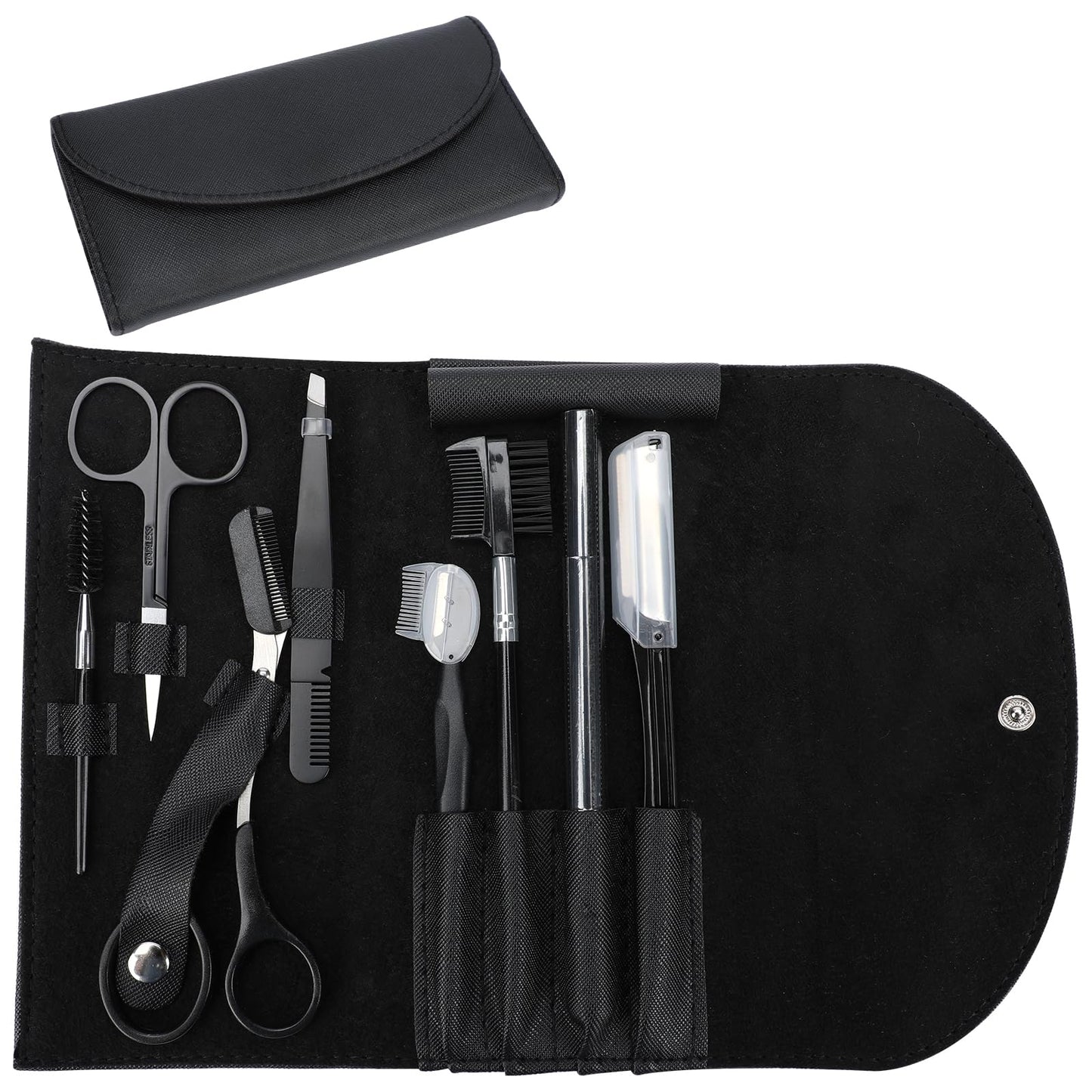 Professional Eyebrow Shaping Grooming Kit,8PCS/SET Eyebrow Grooming Kit with Leather Bag Eyebrow Trimming Kit With Razor Eyebrow Scissors Eyebrow Brush for Women & Men(Black)