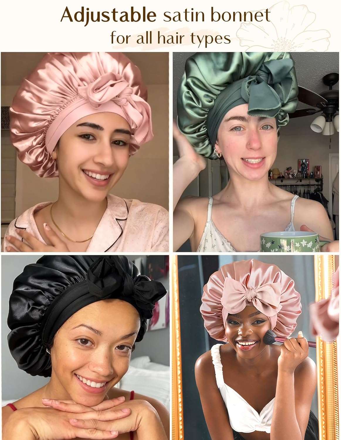 Adjustable Satin Bonnet for Sleeping | Double Layer Hair Wrap to Reduce Friction & Prevent Frizz