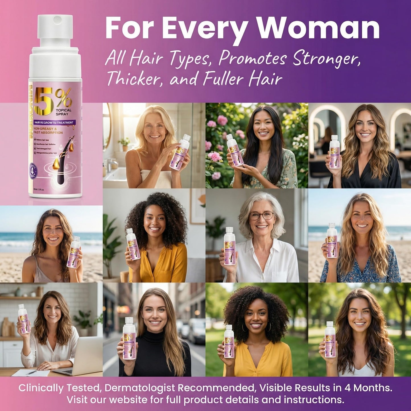 Women's Hair Growth Spray – 5% Minoxidil with Biotin & Rosemary Oil, Lightweight Oil-Free Formula, Clinically Tested for Thicker, Stronger Hair, 2 x 60 ml Bottles