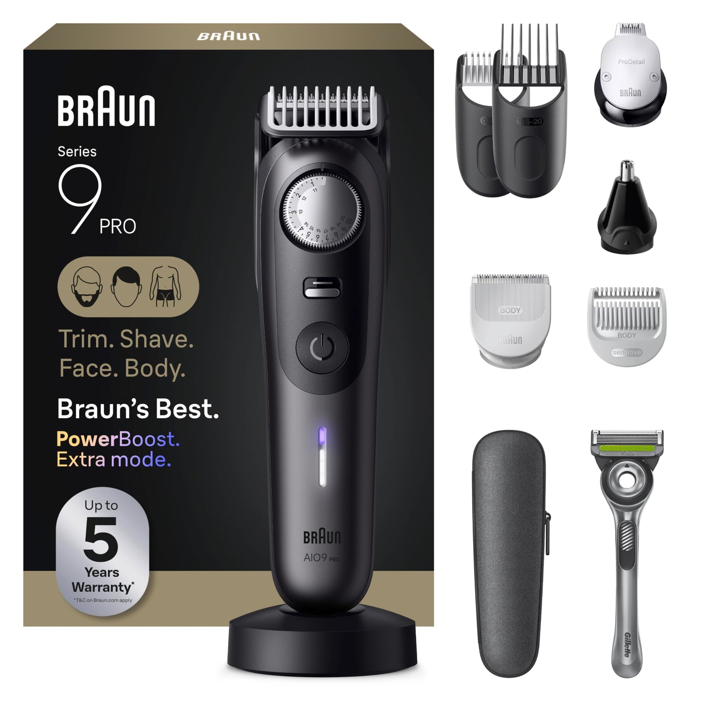 Braun Series 9 PRO All-in-One Beard & Body Grooming Kit for Men, Cordless Trimmer, Hair Clippers & Shaver for Face, Hair & Body with Gillette Labs Razor, AIO 9555