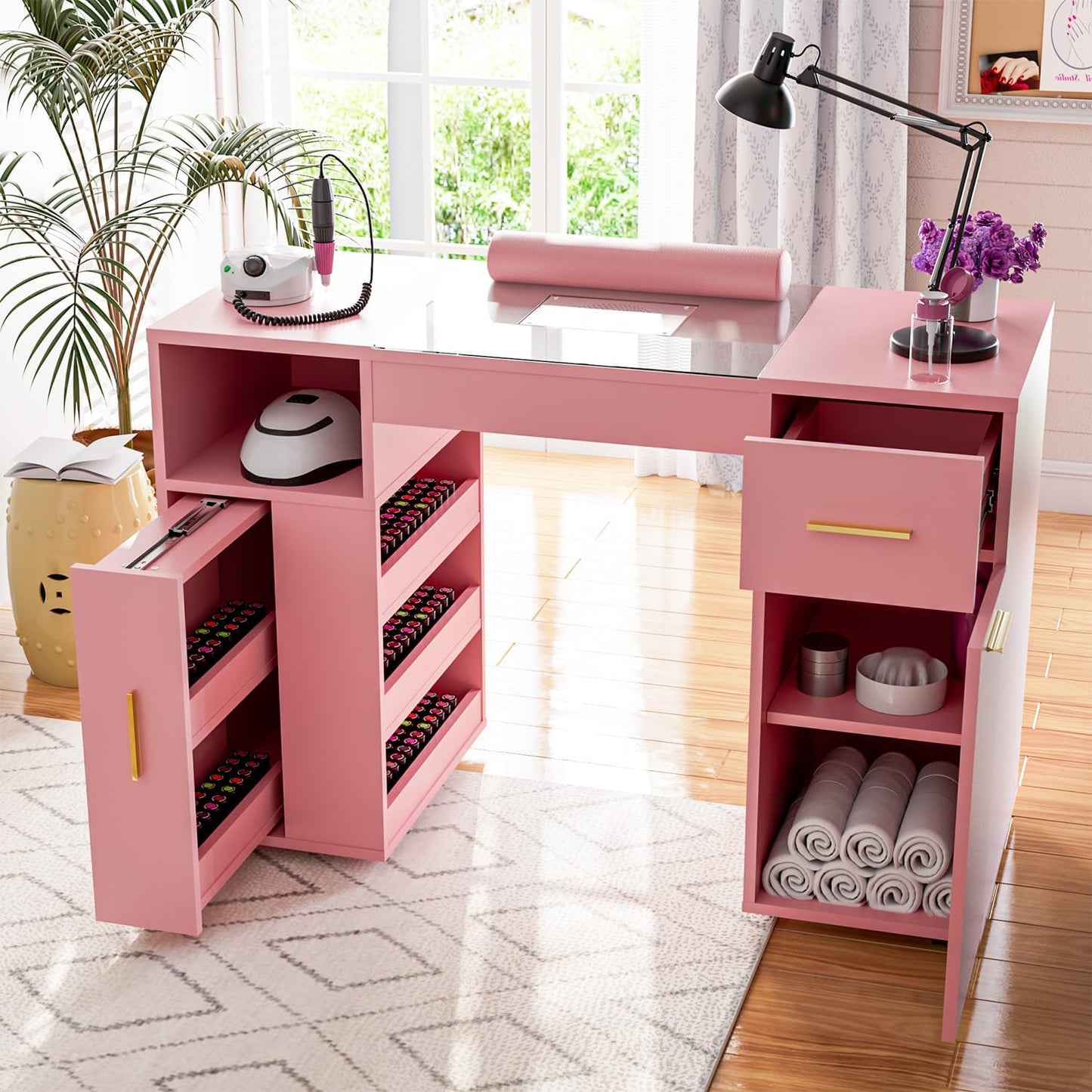 Nail Tech Manicure Table - Acetone Resistant Glass Top & Wrist Rest | White Workstation with Storage Drawers & 4 Dust Bags