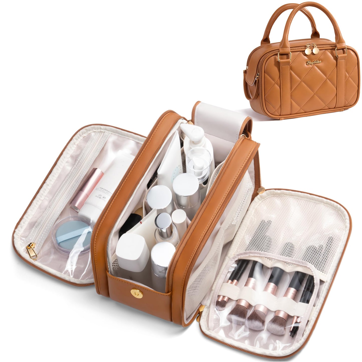 Bagstellar Travel Makeup Bag, Large Capacity Quilted Toiletry Bag for Women Stand-up Cosmetic Bag Open Flat Make Up Case Organizer Portable Pouch Purse w/Handle for Traveling Accessories, Brown