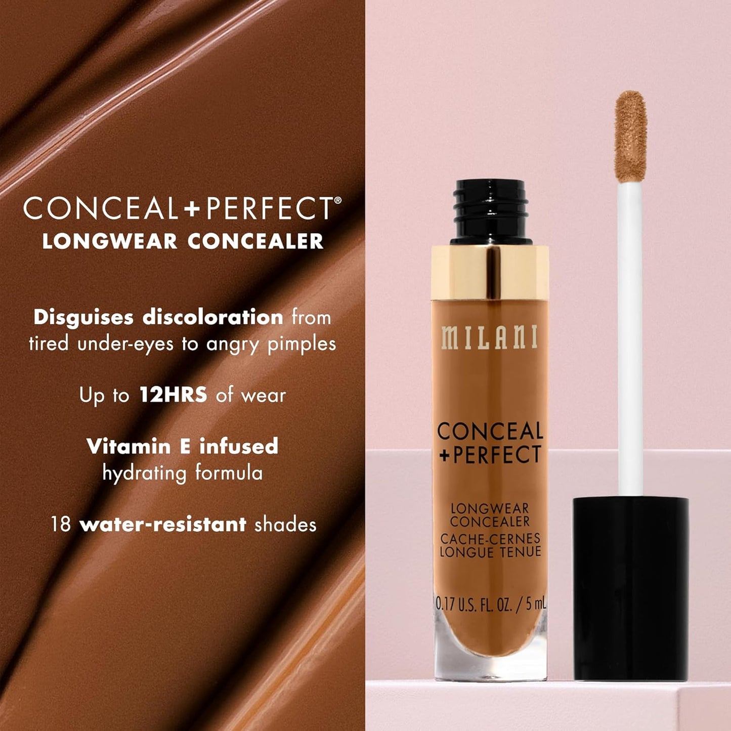 Milani Conceal + Perfect Longwear Concealer - Full Coverage with Hyaluronic Acid & Vitamin E | Medium Beige
