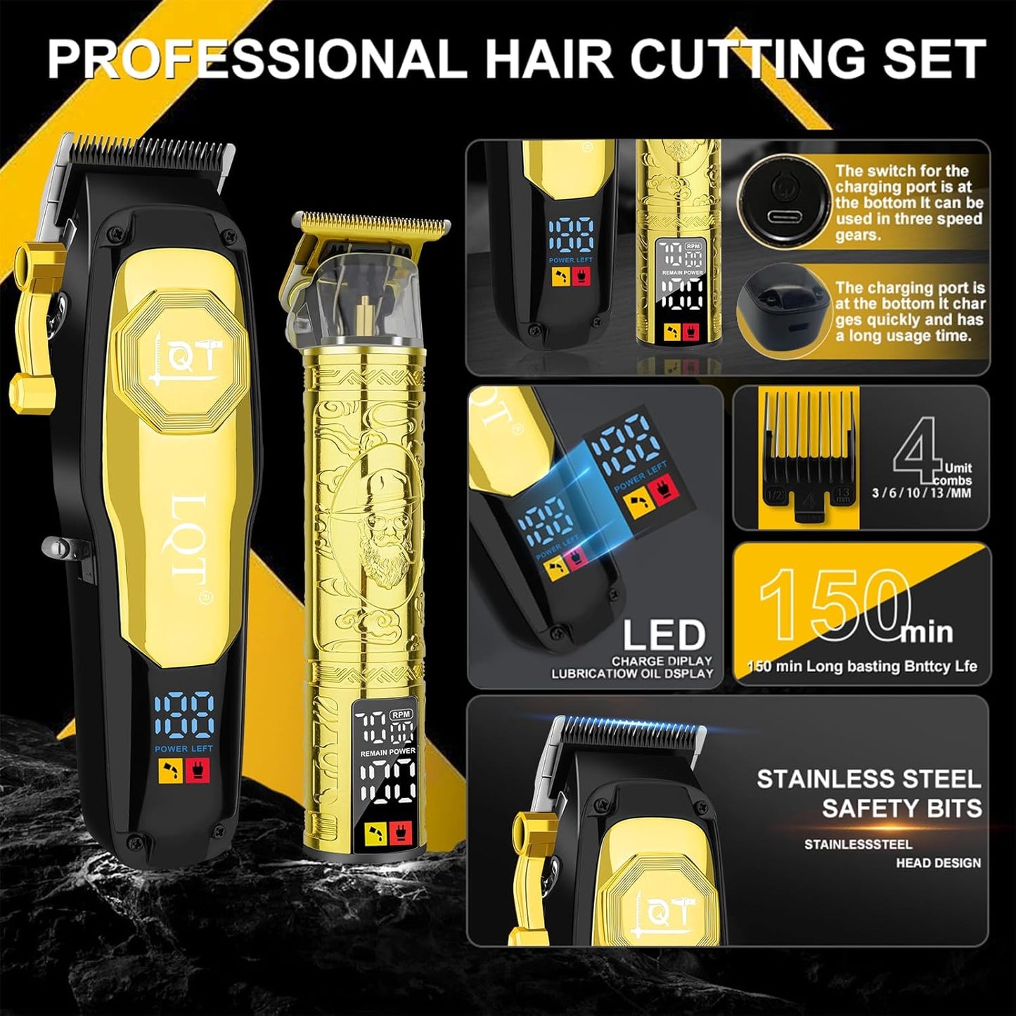 Cordless Hair Clippers for Men - Rechargeable Barber Clipper & Beard Trimmer Set | T-Blade, Adjustable Lever, LED Display, Gold