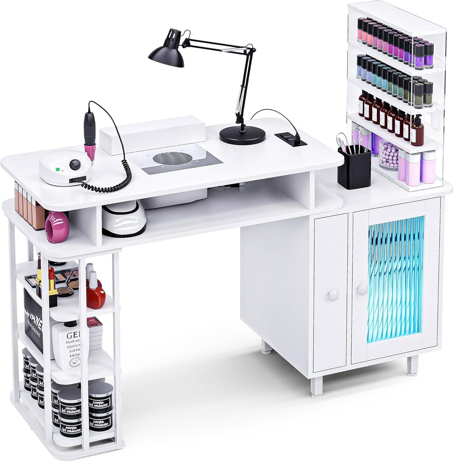 Manicure Table with LED Light - Nail Tech Desk with Dust Collector & Charging Station | White