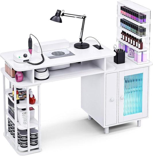 Manicure Table with LED Light - Nail Tech Desk with Dust Collector & Charging Station | White