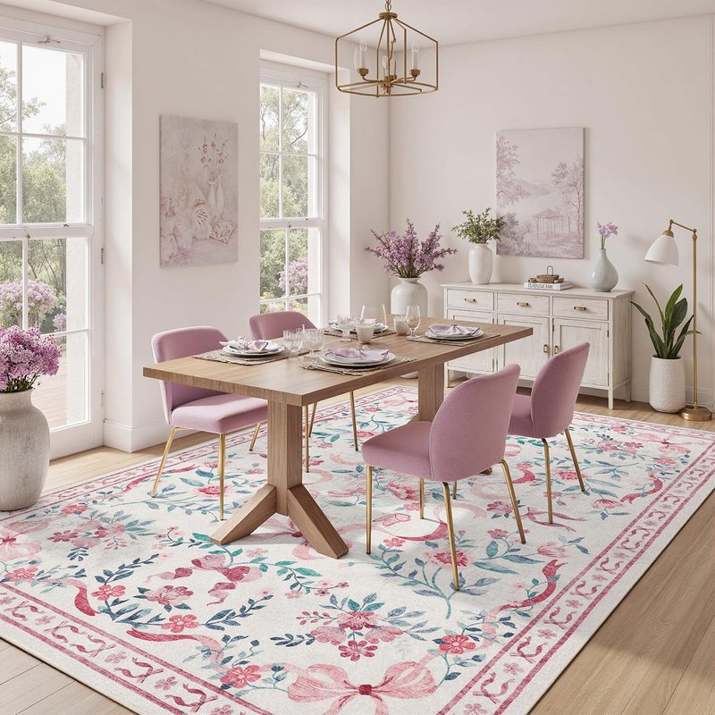 DCX Washable 9x12 Bow Rug, Pink Floral Rug for Girls’ Bedroom, Cute Soft Low Pile Indoor Décor Carpet, Kid & Pet Friendly Nursery Rug for Living Room, Dorm, Playroom