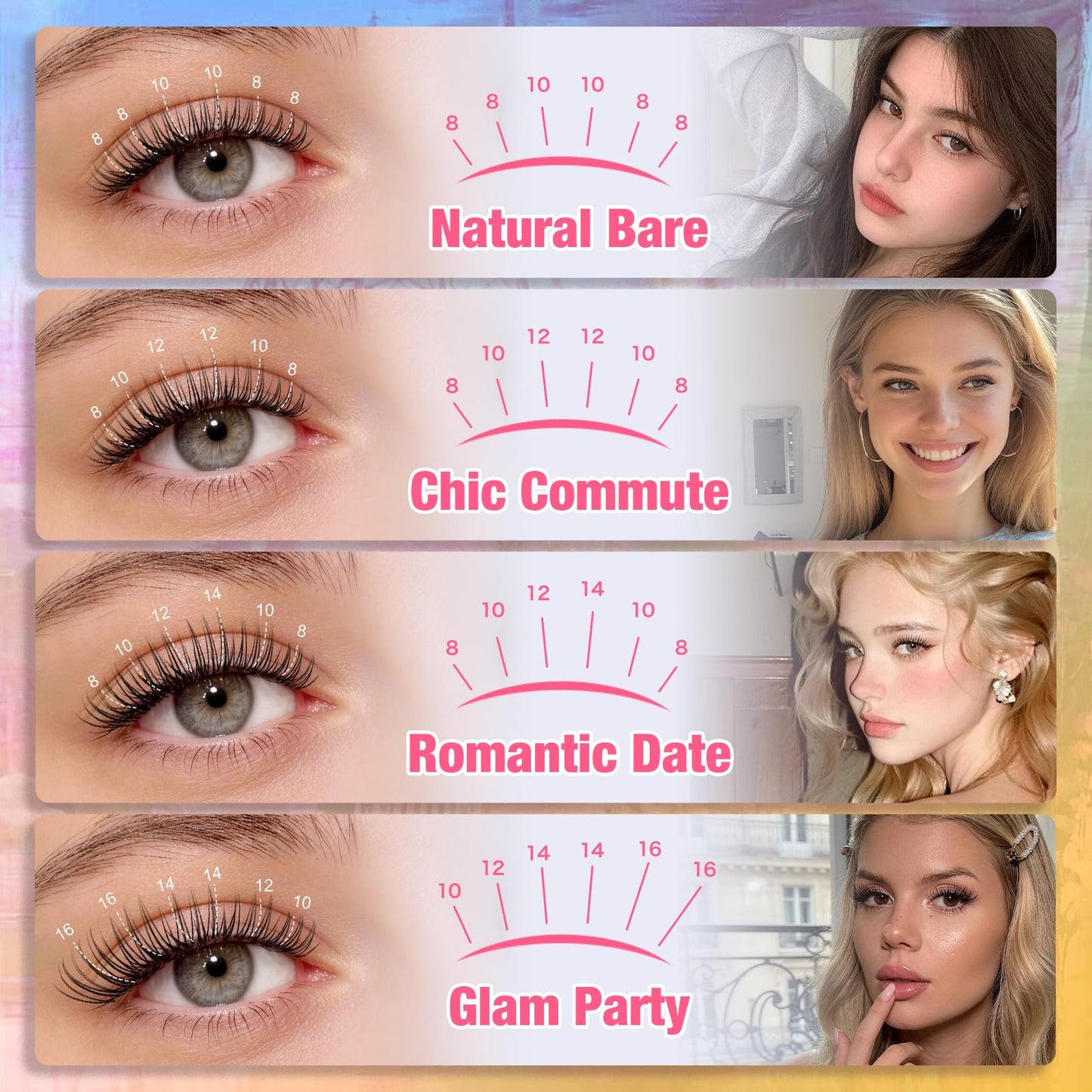 QUEWEL Natural Lash Clusters Kit Soft 120Pcs Aurora Lash clusters Invisible Band Lightweight C Curl 8-16MM Eyelash Extension Kit with Eyelash Clusters Bond and Seal Tweezers for Daily Wear (Aurora)