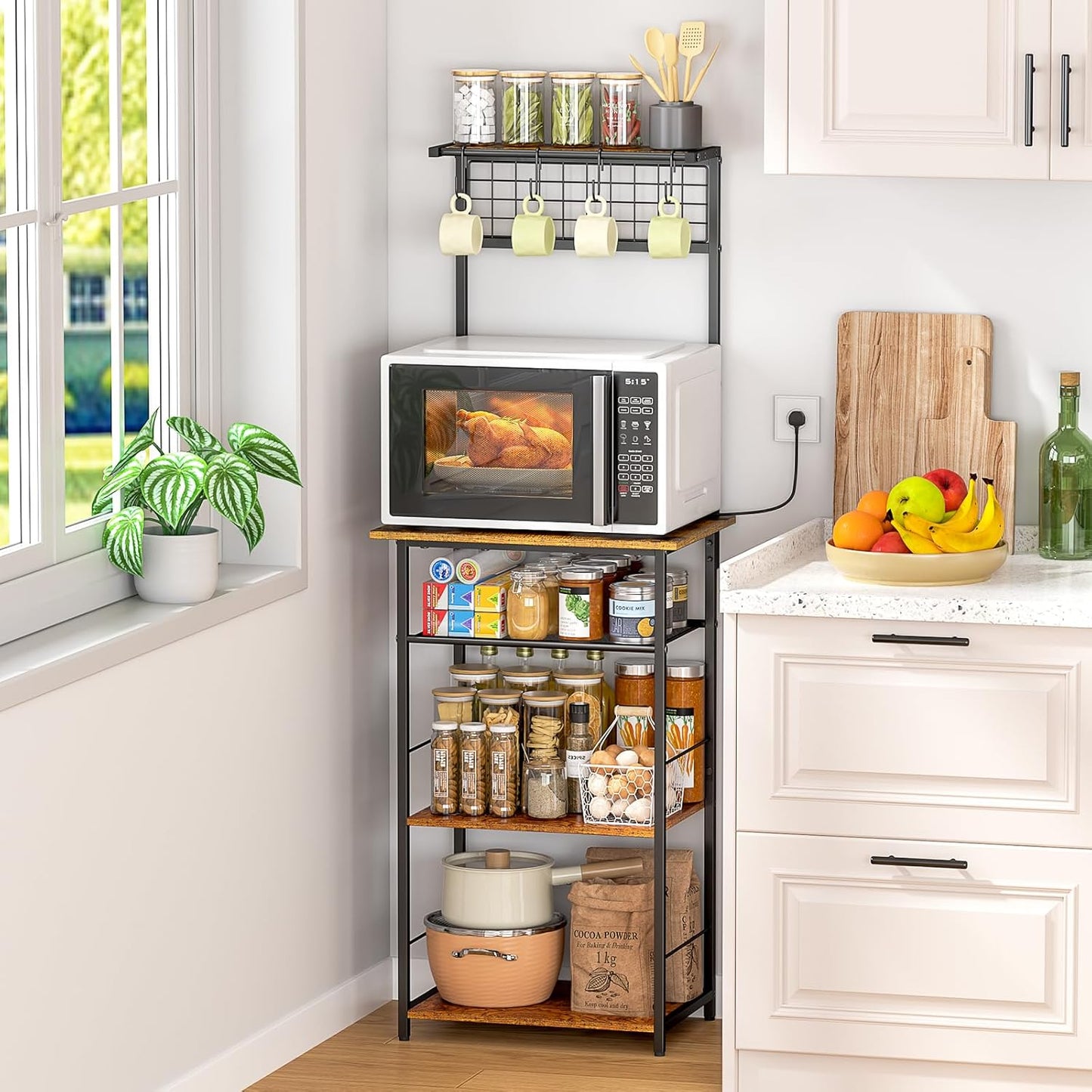 5 Tier Coffee Bar Station - Farmhouse Kitchen Stand with 4 Hooks | Space-Saving Cabinet for Small Areas, 13.43"D x 18.93"W x 53.31"H