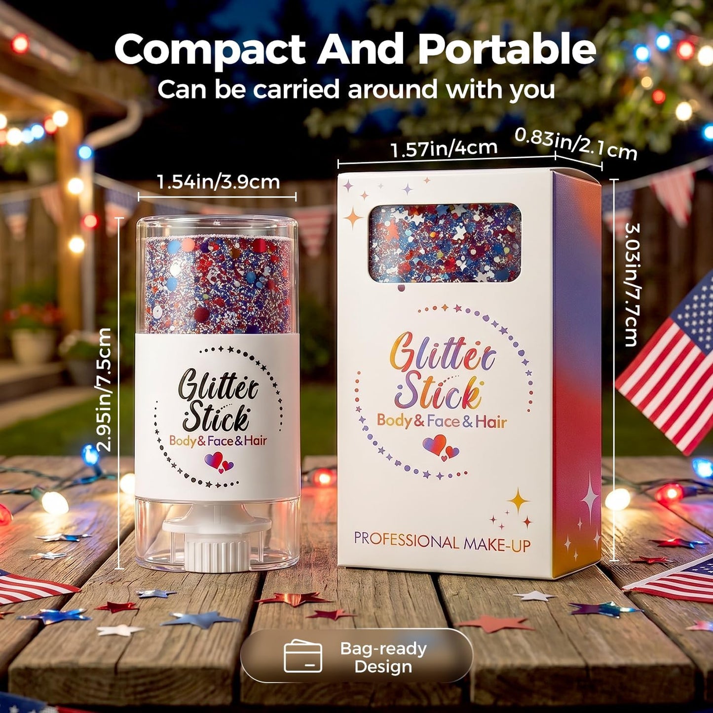Patriotic Body Glitter Stick - Red, White & Blue Waterproof Face Glitter for 4th of July | 2-Pack