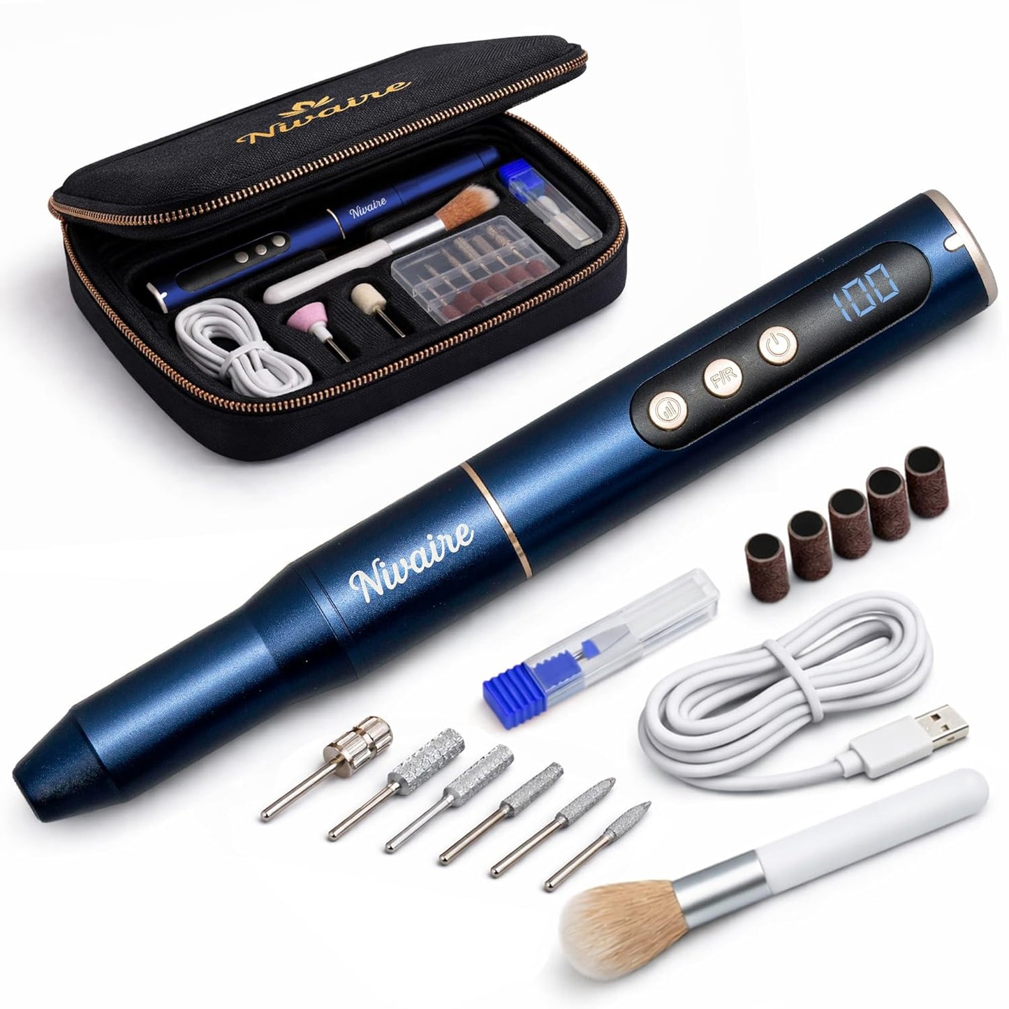 Cordless Nail Drill Professional Kit - Electric Nail Filer with 8 Drill Bits & 5 Speed Levels | Portable Rechargeable Manicure Set (Navy Blue)