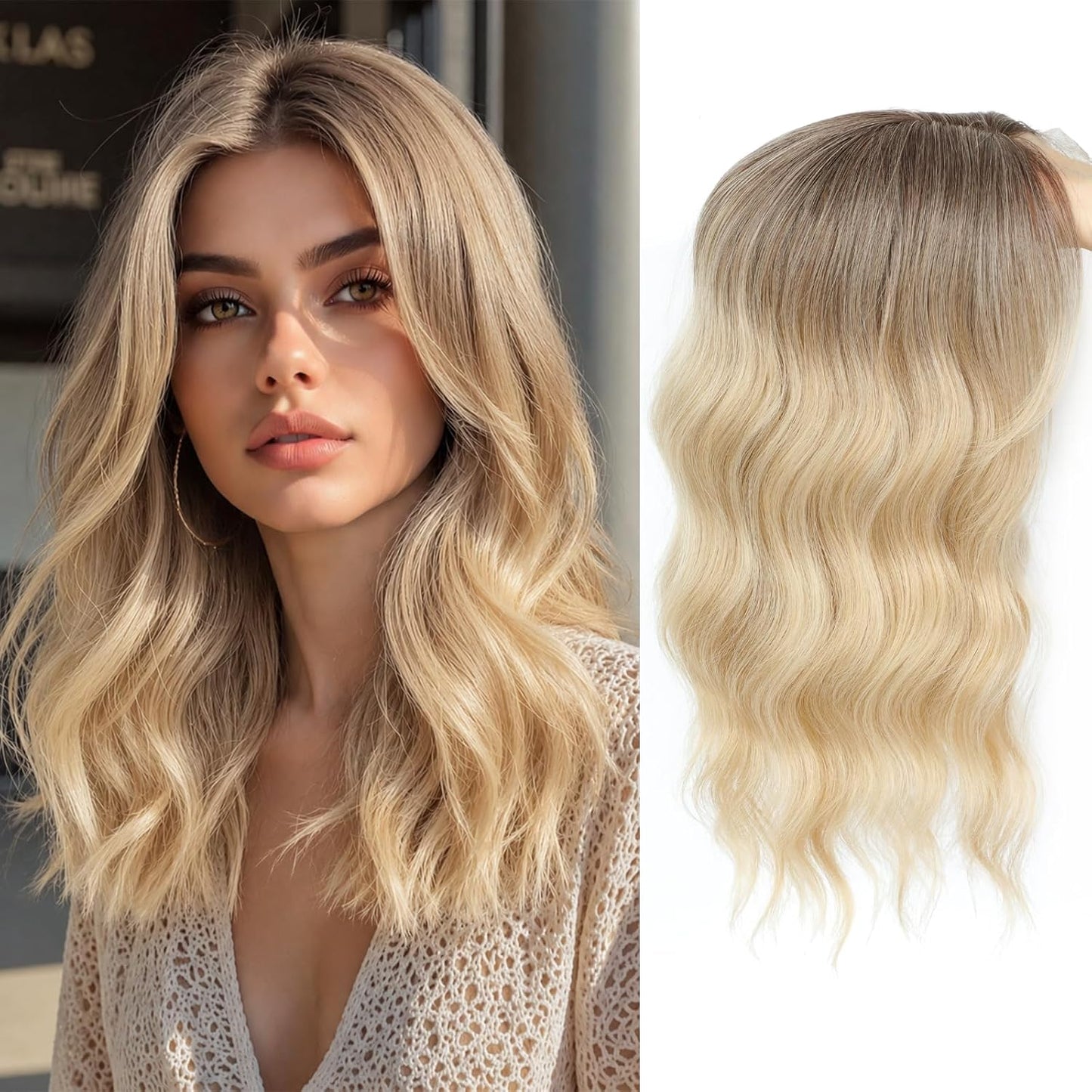 Hair Topper for Women - 16 Inch Synthetic Curly Wavy Clip-In with Curtain Bangs | Auburn Brown Volume Boost