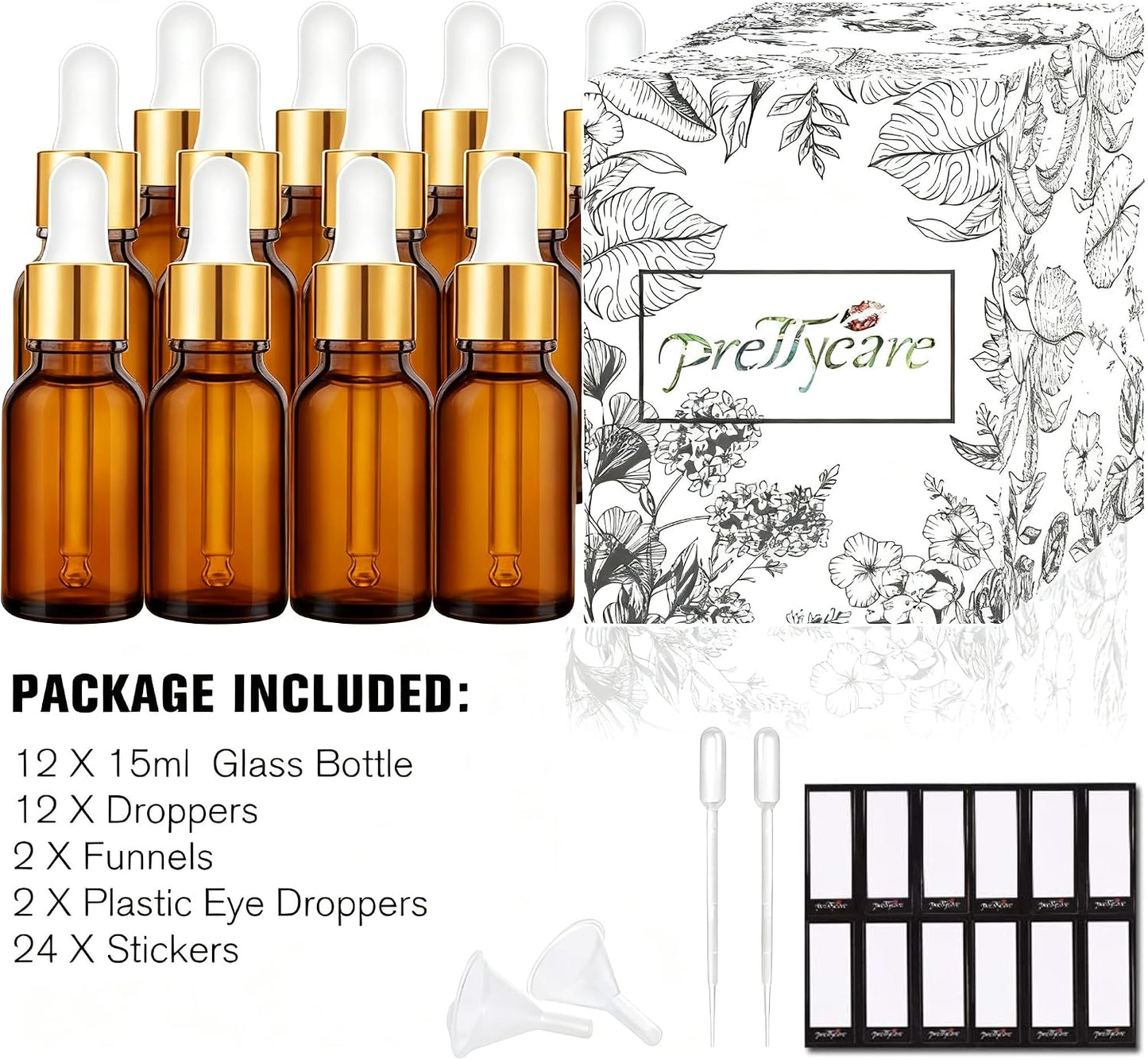 Glass Eye Dropper Bottles - 24 Pack 0.5oz Amber Leakproof Bottles with Golden Caps | Perfect for Essential Oils, Tinctures, Travel