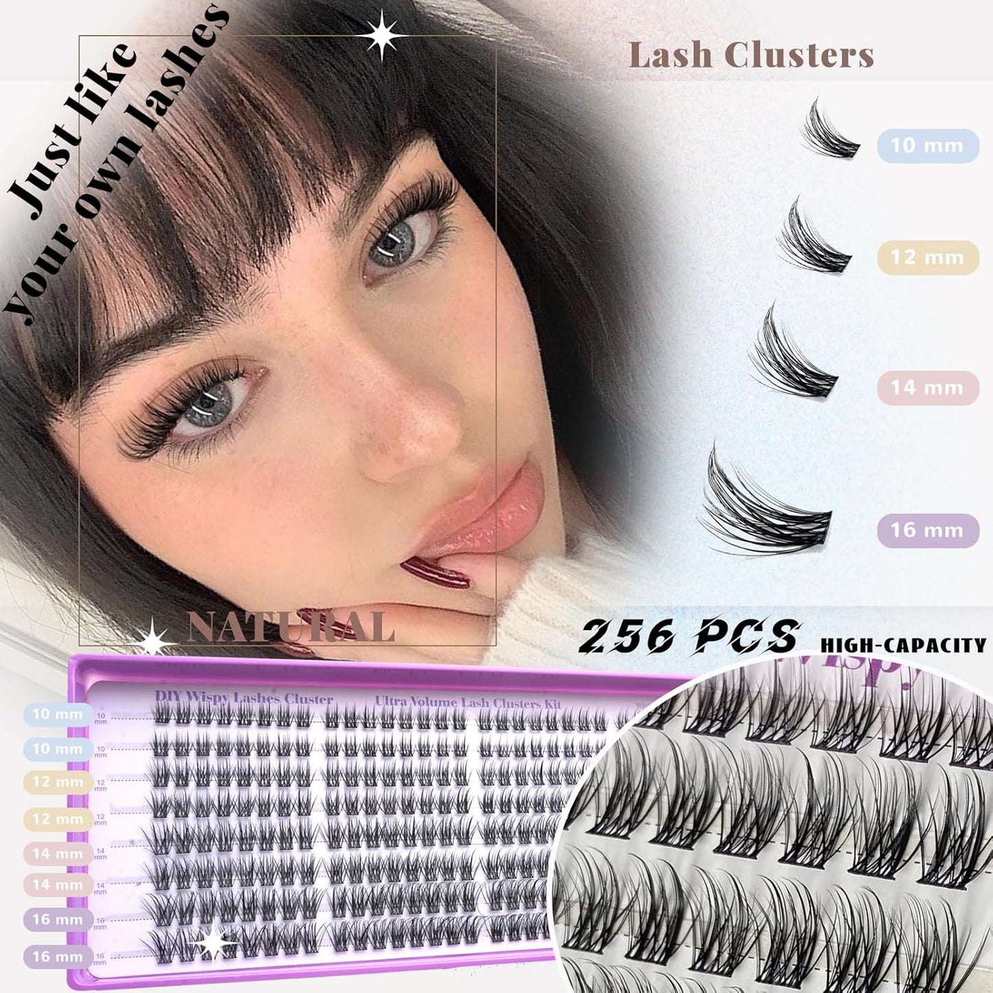 Natural Lash Cluster Eyelash Extensions Kit - 256 Pcs C Curl 10-16mm Fluffy Individual Lashes | DIY Beginner-Friendly Set with Bond Seal & Tweezers