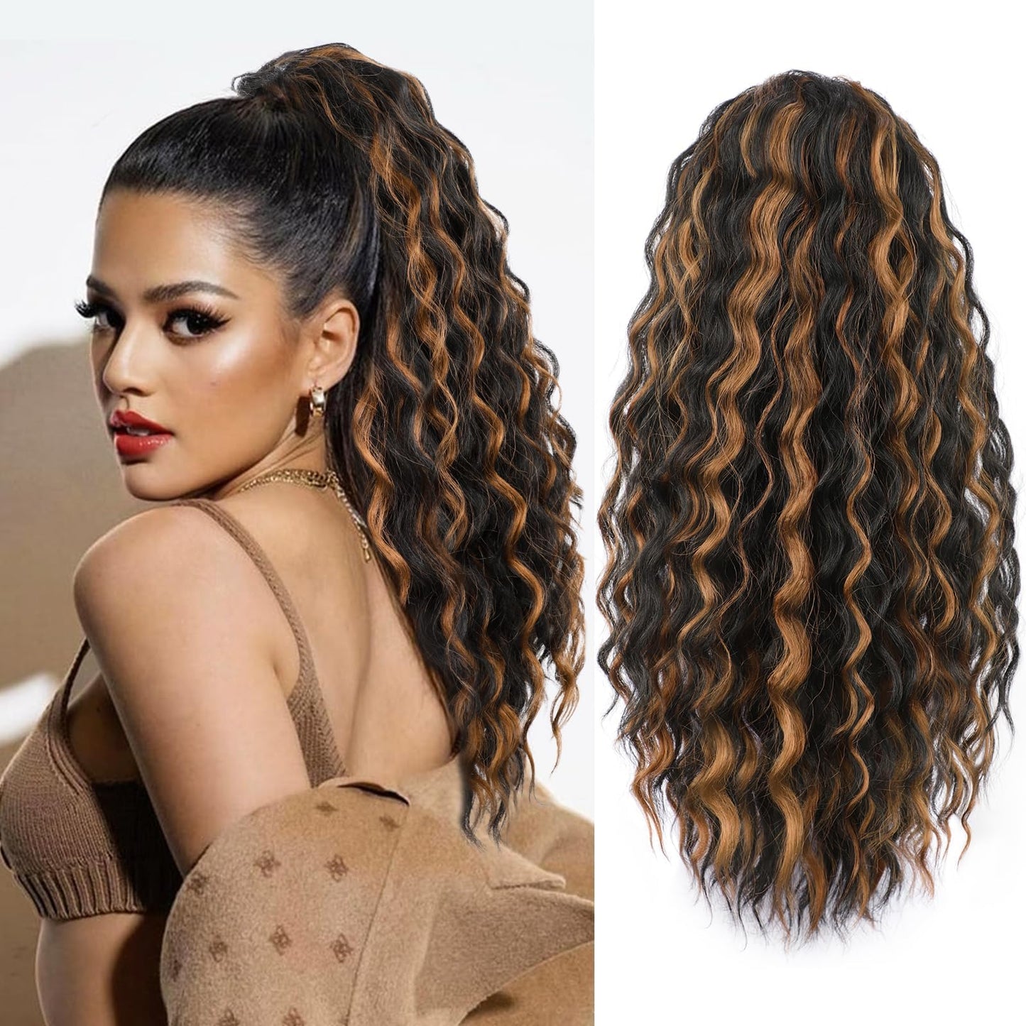 AISI BEAUTY Curly Ponytail Extension, Drawstring Ponytail Extension for Black Women Synthetic 20 Inch Clip in Pony tails Hair Extensions Long Curly Wavy Fake Hairpieces for Daily Use(H1B/27)