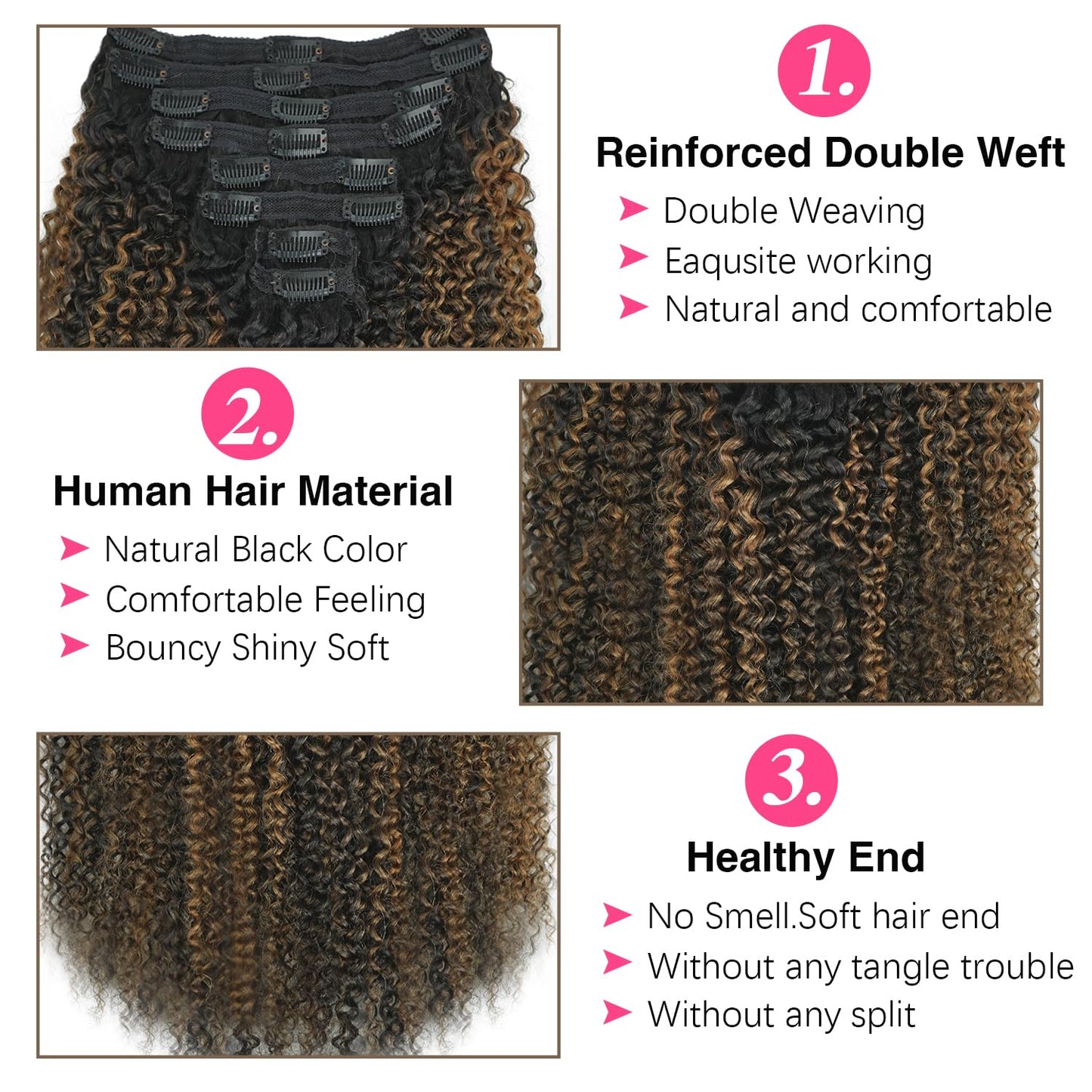 Mihugass 3c 4a Curly Clip in Hair Extensions T1BP1B/30 Omber Kinky Curly Clip ins For Women Brazilian Virgin Clip on Hair (24inch,T1BP1B/30)