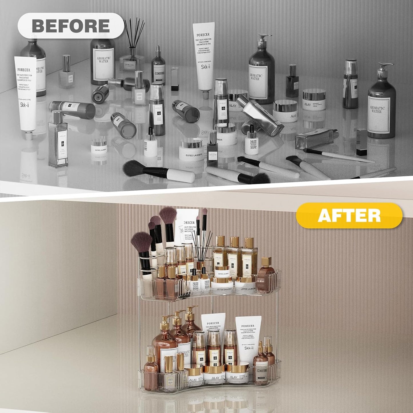 2-Tier Corner Bathroom Counter Organizer - Clear Makeup & Skincare Holder | Toothbrush & Brush Storage
