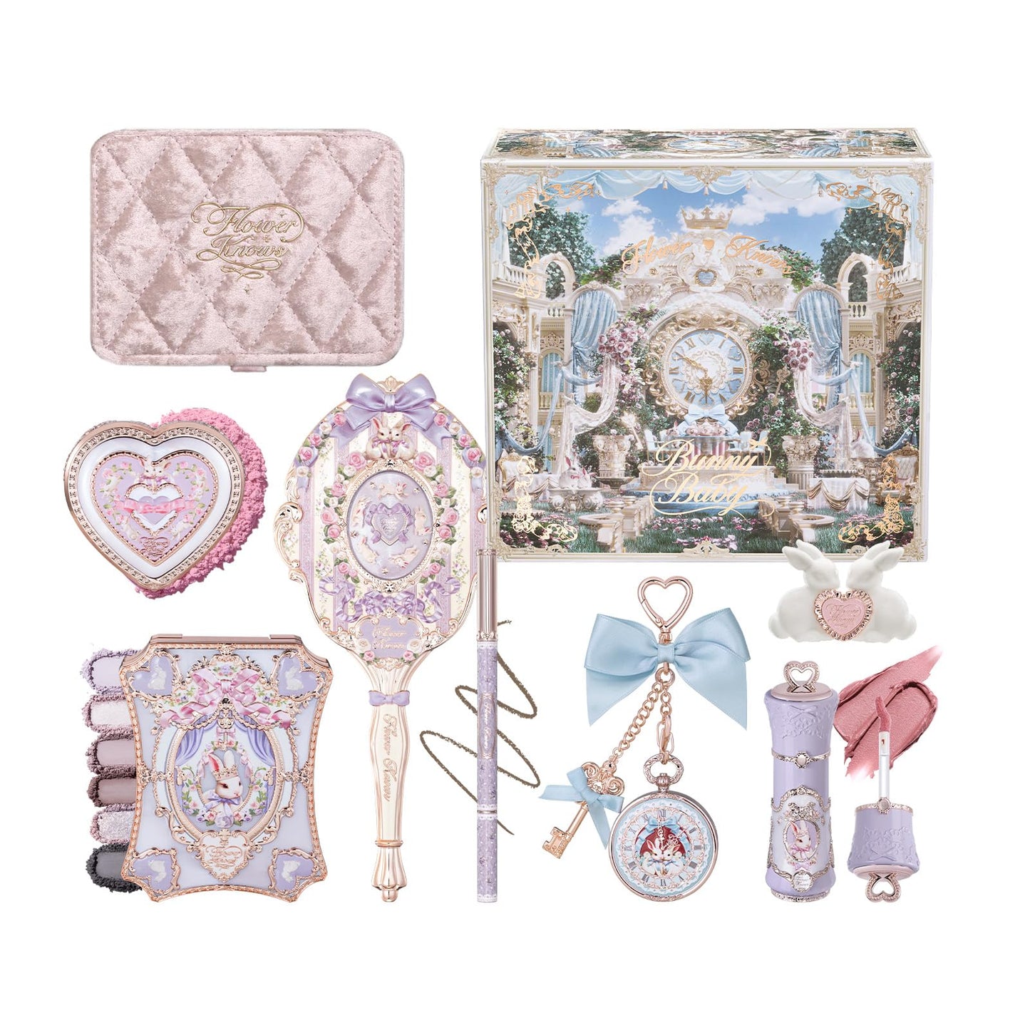 Flower Knows Bunny Garden Chromatic Harmony Gift Set, Violet Dream Bunny Theme, Collectible Violet 9-Piece Beauty Box with Lip Cream, Blush, Eyeshadow, Gel Eyeliner, Mirror & Tools