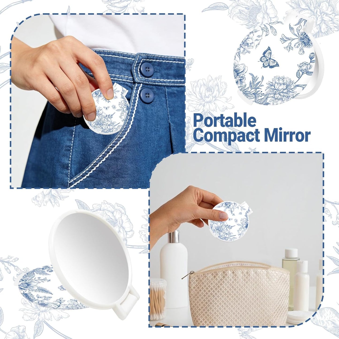 Blue Porcelain Compact Mirror Set - 50 Pcs Round Folding Makeup Mirrors | Portable Purse Size Gifts for Women
