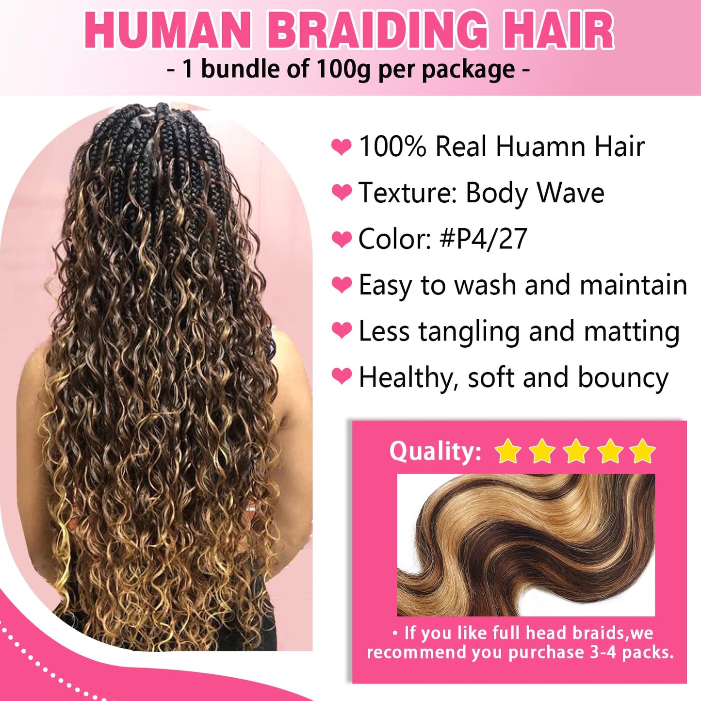 Body Wave Curly 4/27 Human Braiding Hair - 100g One Bundle for Boho Braids | 18 Inch