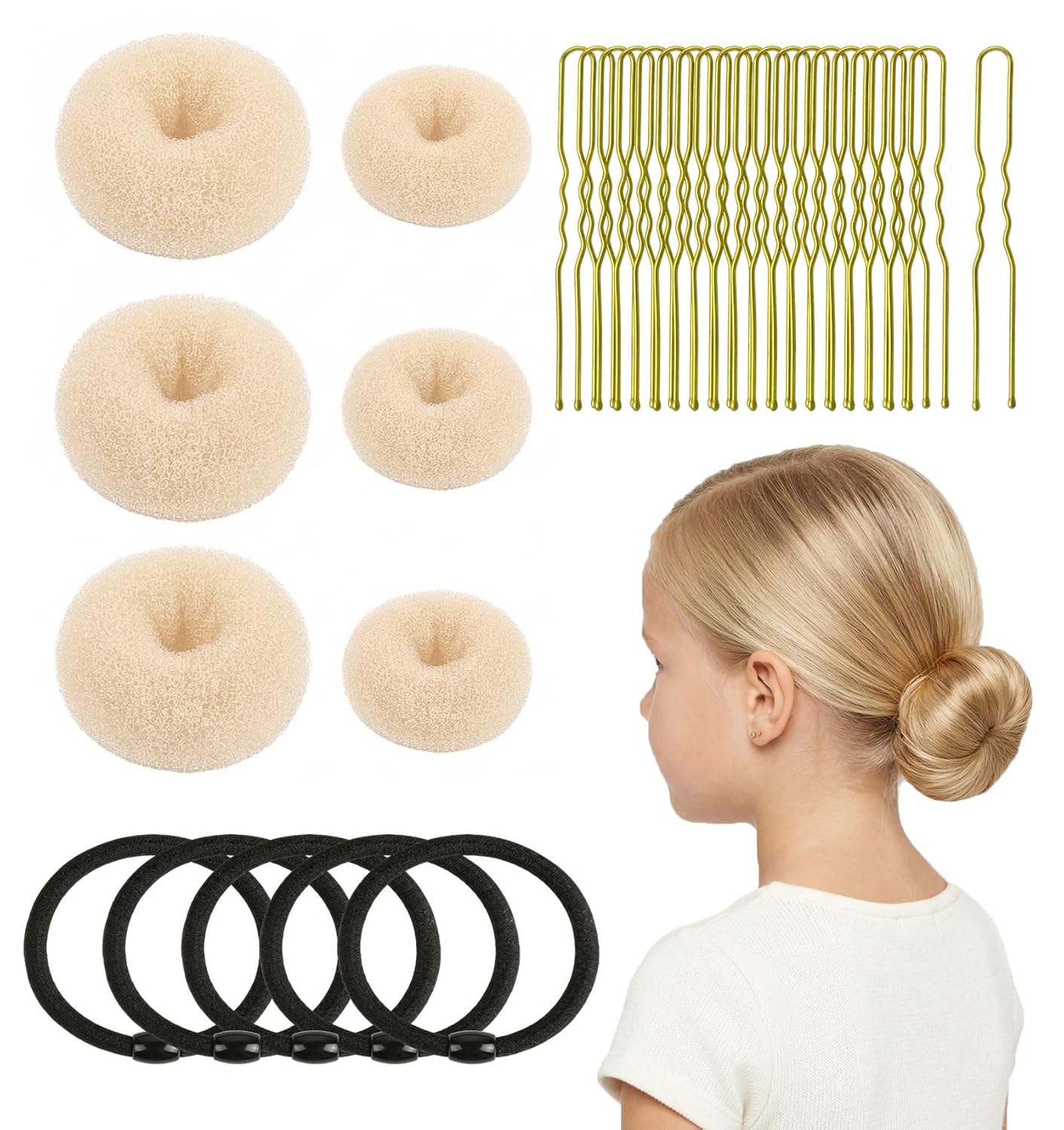Small Hair Donut Bun Maker - 6pcs Chignon Ring for Thin Hair | Includes 5 Hair Ties & 20 U Pins (Black)