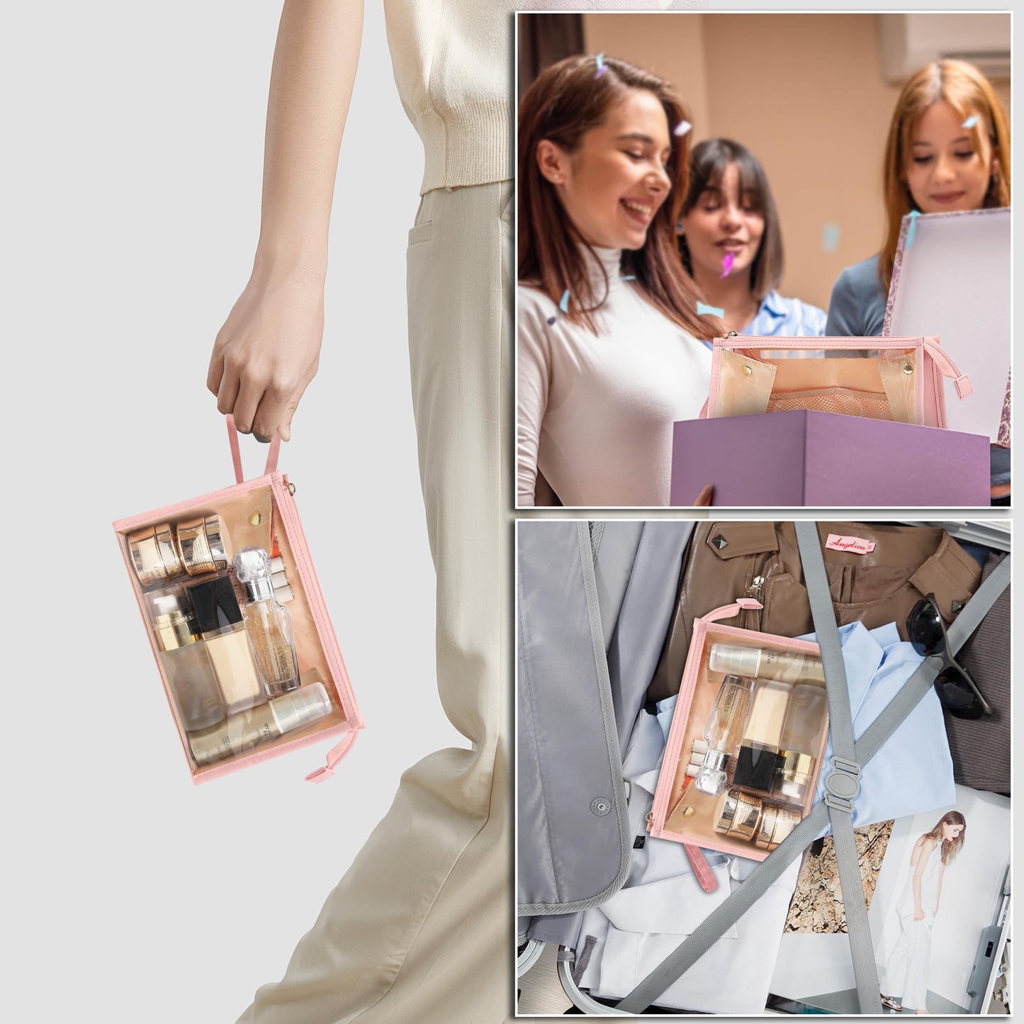 MONSTINA Makeup Bag, Clear Cosmetic Case Large Capacity, Portable Travel Makeup Case Organizer, Waterproof Toiletry Bag, Easter Birthday Gifts, Pink