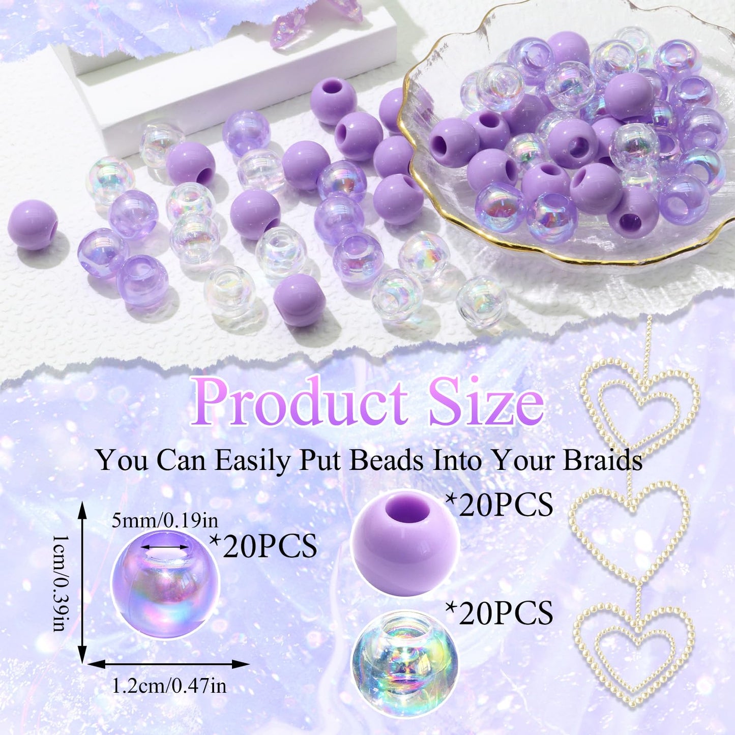 NAISKA 60Pcs Purple Hair Beads for Kids Girls Acrylic Beads for Hair White Clear Cute Bead for Braids Small Pony Beaded Hair Clips Toddler Dreadlock Bead Braid Clips Accessories for Women