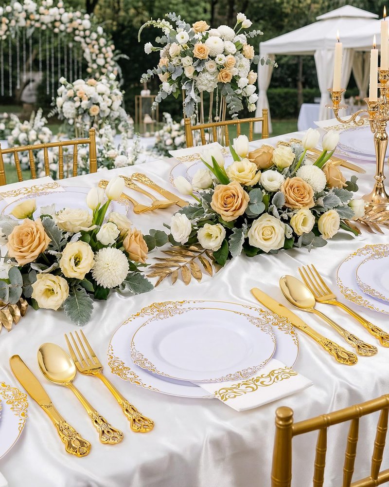 Ciaell 300PCS White and Gold Plastic Plates - Gold Disposable Dinnerware Sets for 50 Guests - 100 Plates, 50 Knives, 50 Forks, 50 Spoons, and 50 Napkins for Wedding, Anniversary, Party