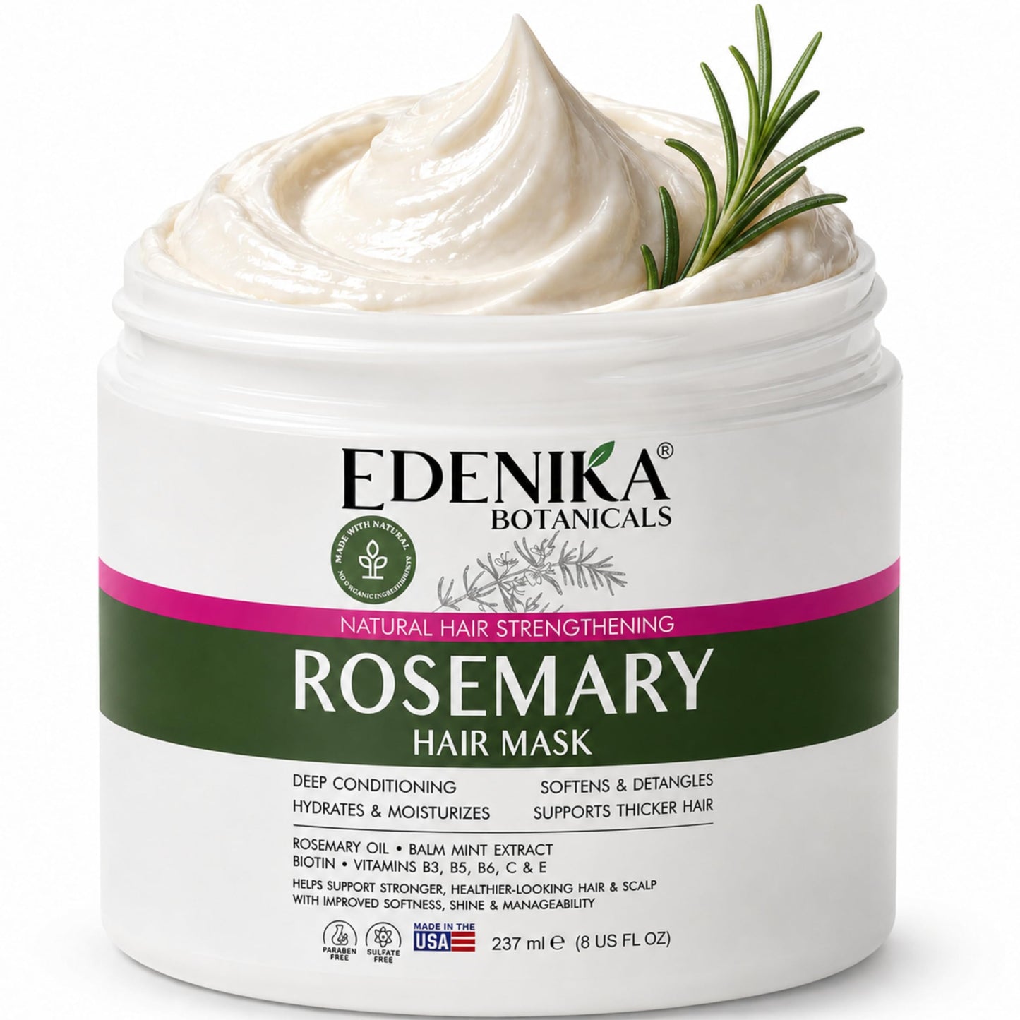 EDENIKA BOTANICALS Rosemary Hair Mask with Rosemary Oil & Biotin, Deep Conditioning Hair Treatment, Helps Strengthen Hair, Hydrates & Moisturizes, Supports Thicker-Looking Hair, Sulfate-Free