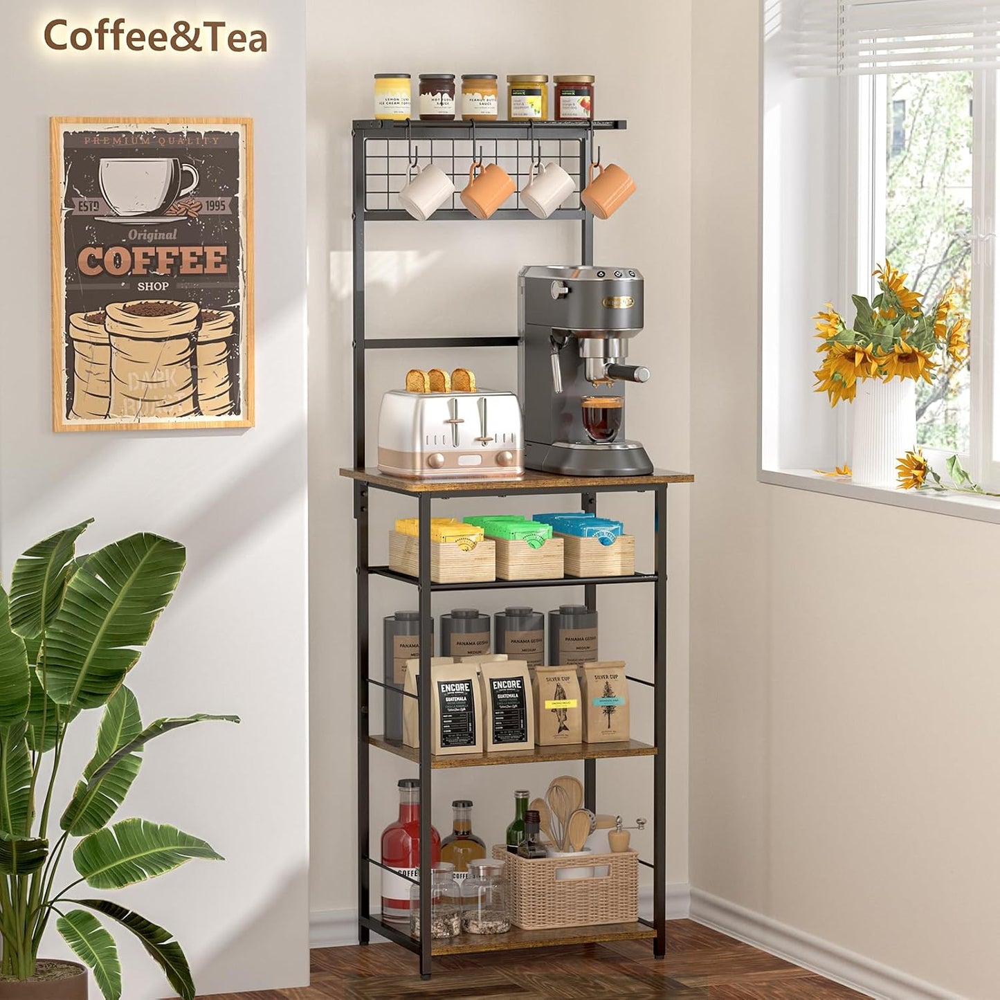 5 Tier Coffee Bar Station - Farmhouse Kitchen Stand with 4 Hooks | Space-Saving Cabinet for Small Areas, 13.43"D x 18.93"W x 53.31"H