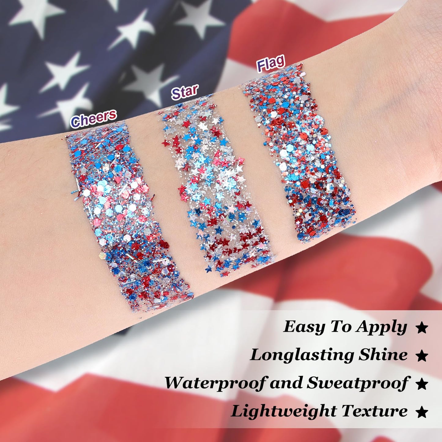 DAGEDA Star Red White Blue Body Glitter Stick,4th of July Face Glitter
