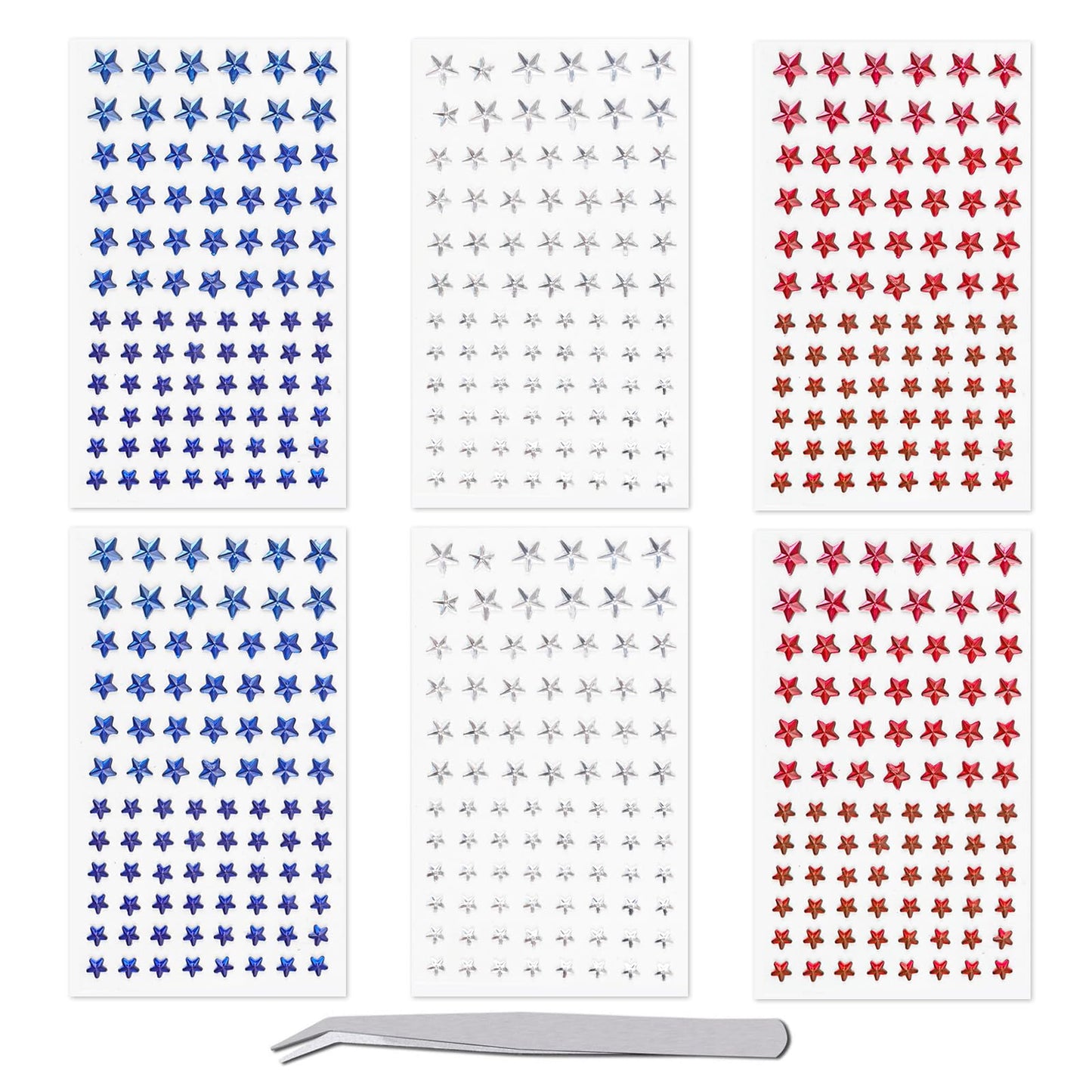 Patriotic Star Rhinestone Face Stickers Set - 6 Sheets Red White Blue 3D Self-Adhesive Stars, Multi-sized Bling Gem Stickers for 4th of July, Independence Day Party, Nail Art, Face Decor, DIY Crafts