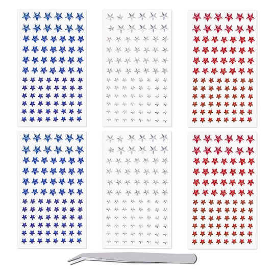 Patriotic Star Rhinestone Face Stickers Set - 6 Sheets Red White Blue 3D Self-Adhesive Stars, Multi-sized Bling Gem Stickers for 4th of July, Independence Day Party, Nail Art, Face Decor, DIY Crafts