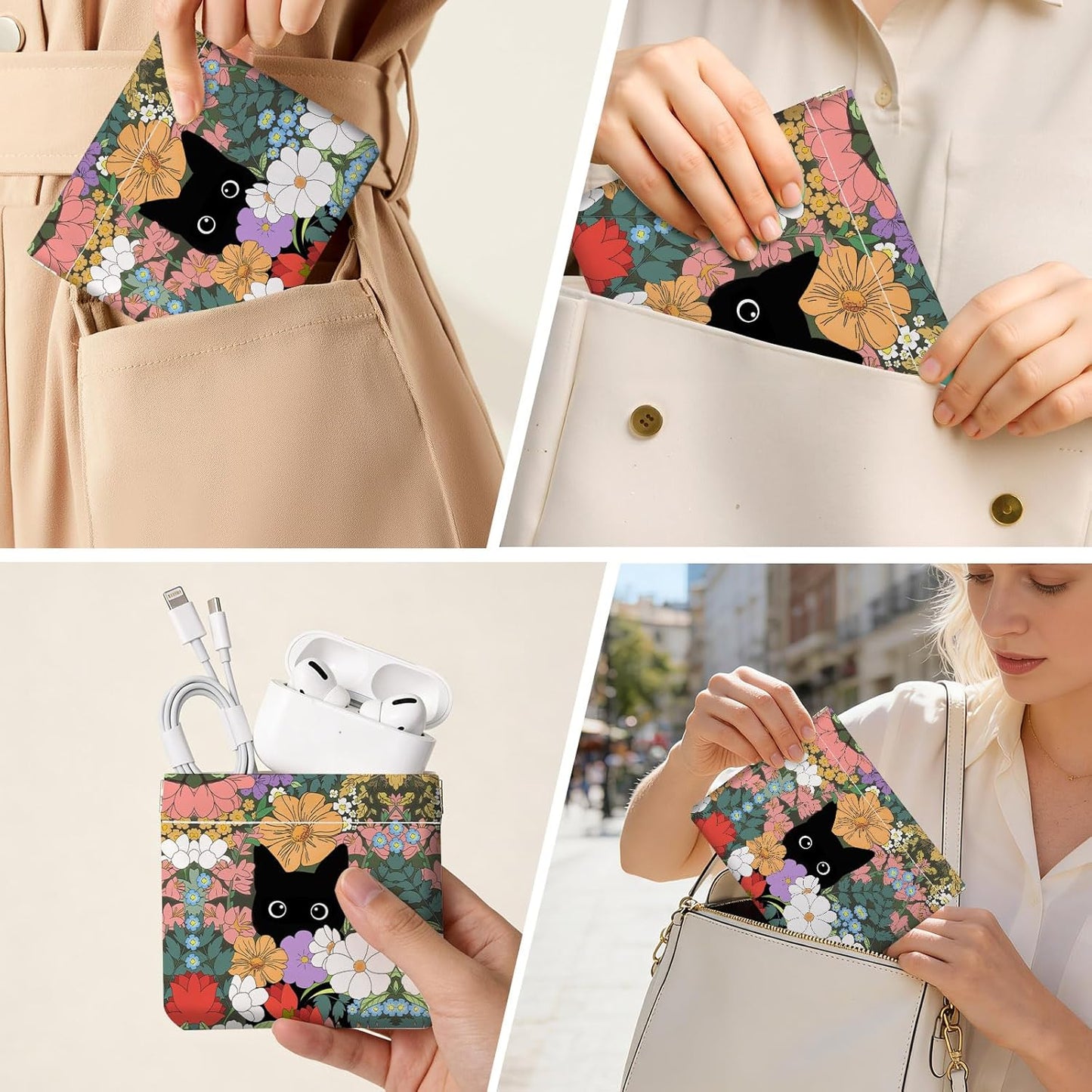 Small Makeup Bag Set - 2 PCS PU Leather Cosmetic Organizers | Portable Travel Pouch for Women - Floral & Cat Design